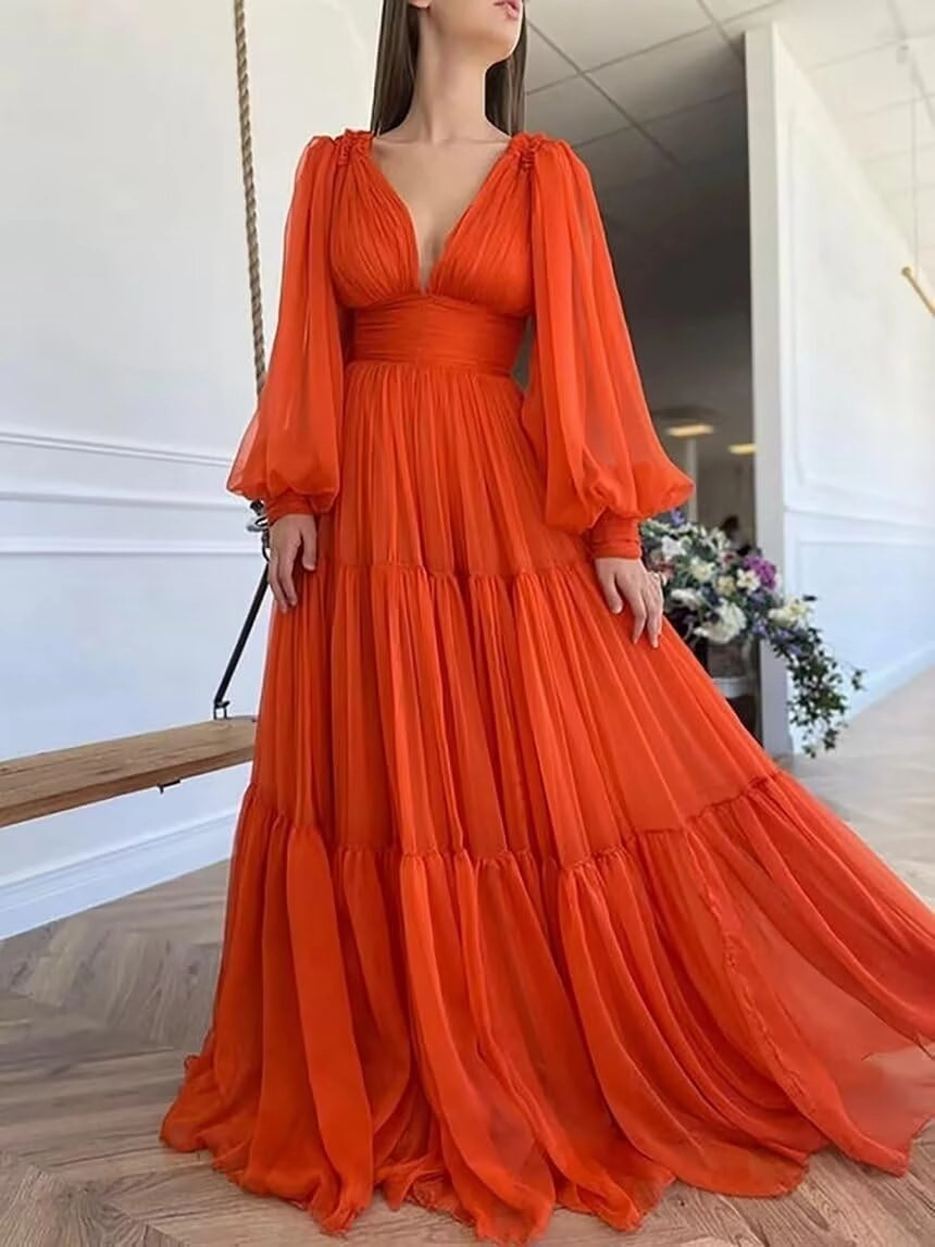 Long Puffy Sleeve Prom Dresses V Neck Long Ball Gown