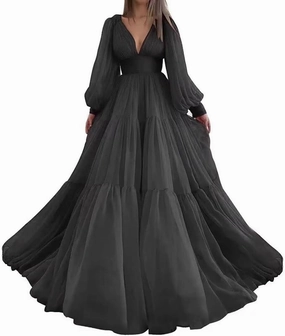 Long Puffy Sleeve Prom Dresses V Neck Long Ball Gown