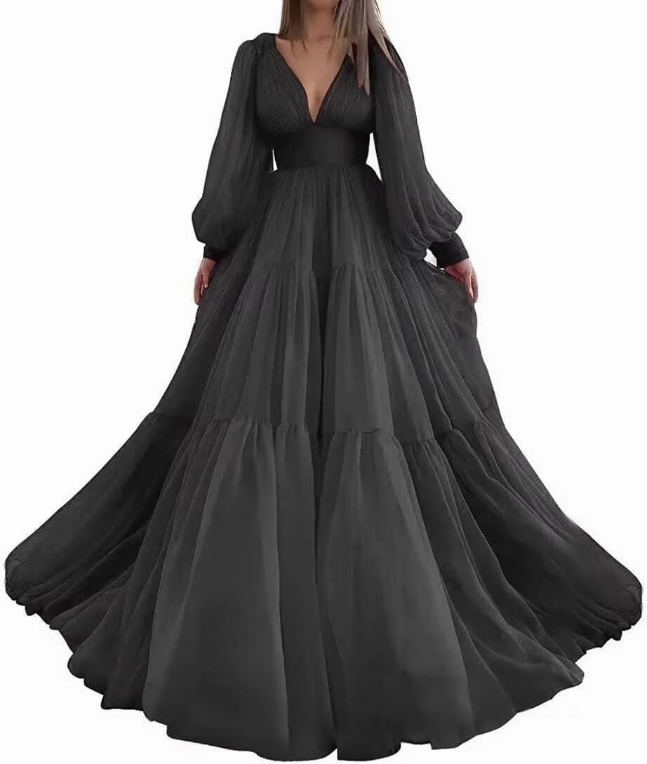 Long Puffy Sleeve Prom Dresses V Neck Long Ball Gown
