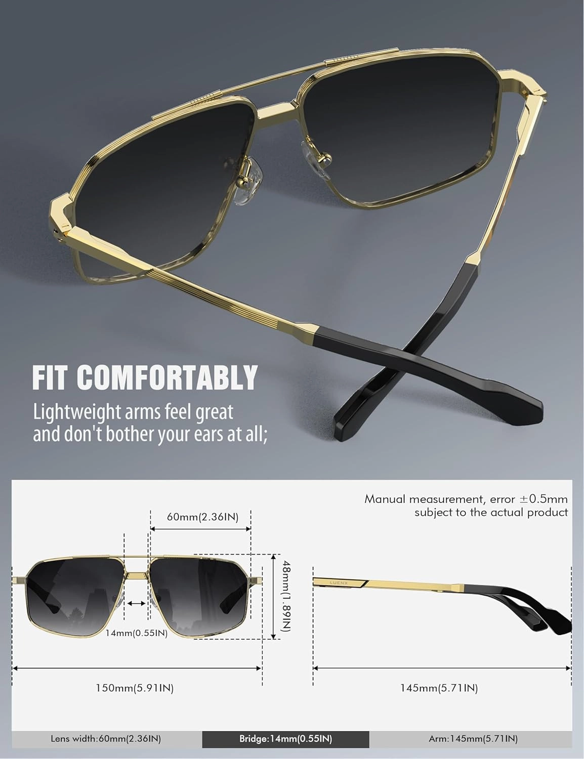 LUENX Aviator Sunglasses for Men Square Polarized Polygon Sun Glasses UV400 Protection