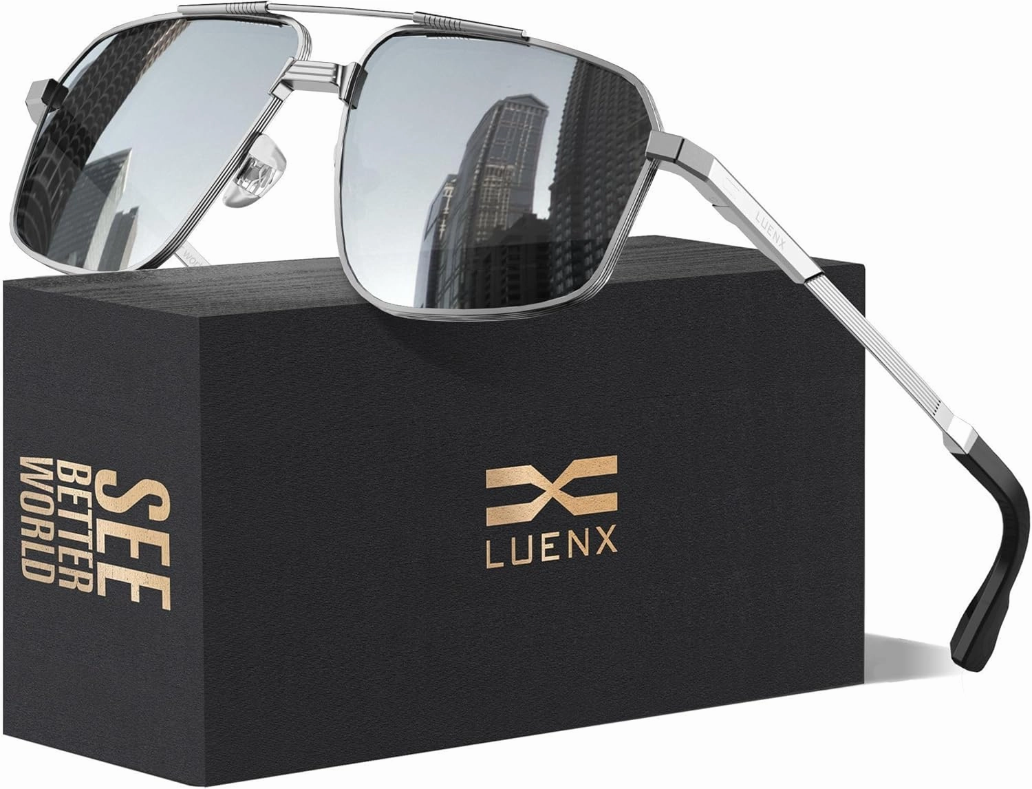 LUENX Aviator Sunglasses for Men Square Polarized Polygon Sun Glasses UV400 Protection