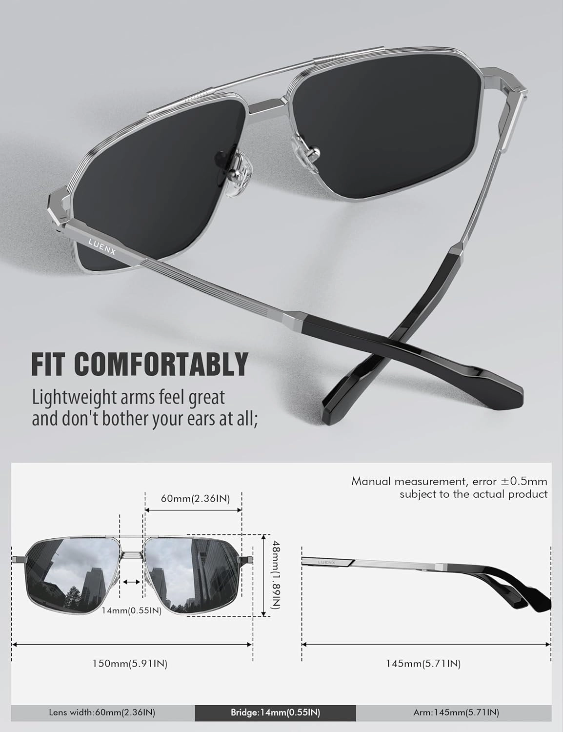 LUENX Aviator Sunglasses for Men Square Polarized Polygon Sun Glasses UV400 Protection