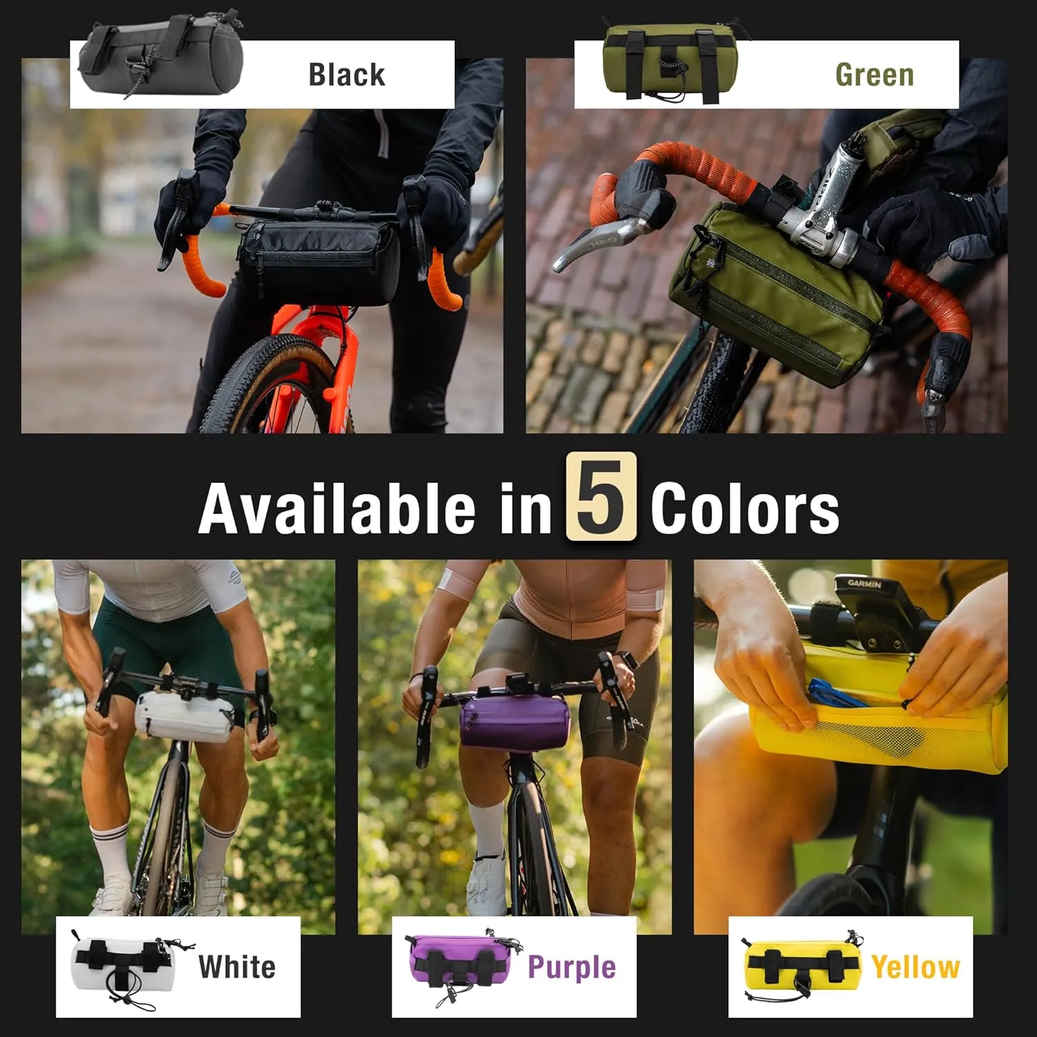 Lumiere & Co. Bike Handlebar Bag - Durable, Multiple-Size options and Multi-Color Options - included inside are Dual Elastic Straps, Clips & Velcro Attachments for Customizable Fit (Black, Medium)