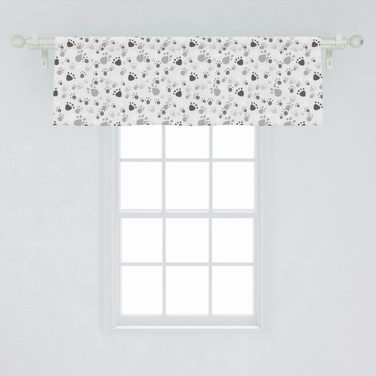 Lunarable Grey Window Valance, Pattern with Random Footprints Paw Traces Pet Legs Friendly Cats and Dogs, Curtain Valance for Kitchen Bedroom Decor with Rod Pocket, 54" X 18", Pale Grey