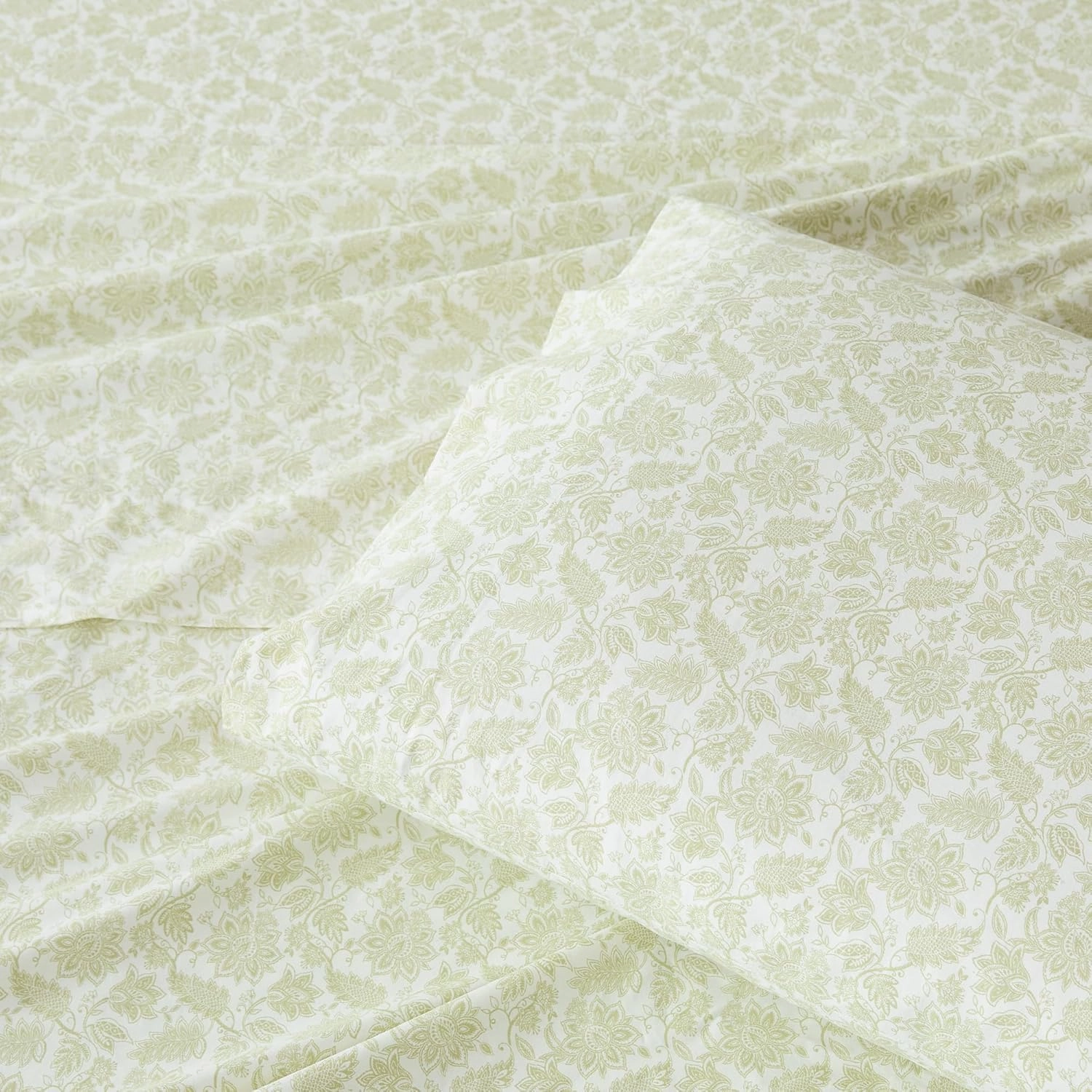 Lush Decor Floral Jacobean Cotton Sheet Set 4 Piece Set King Sage - Floral Sheets - Botanical Print - Green Bed Sheets - Traditional Decor