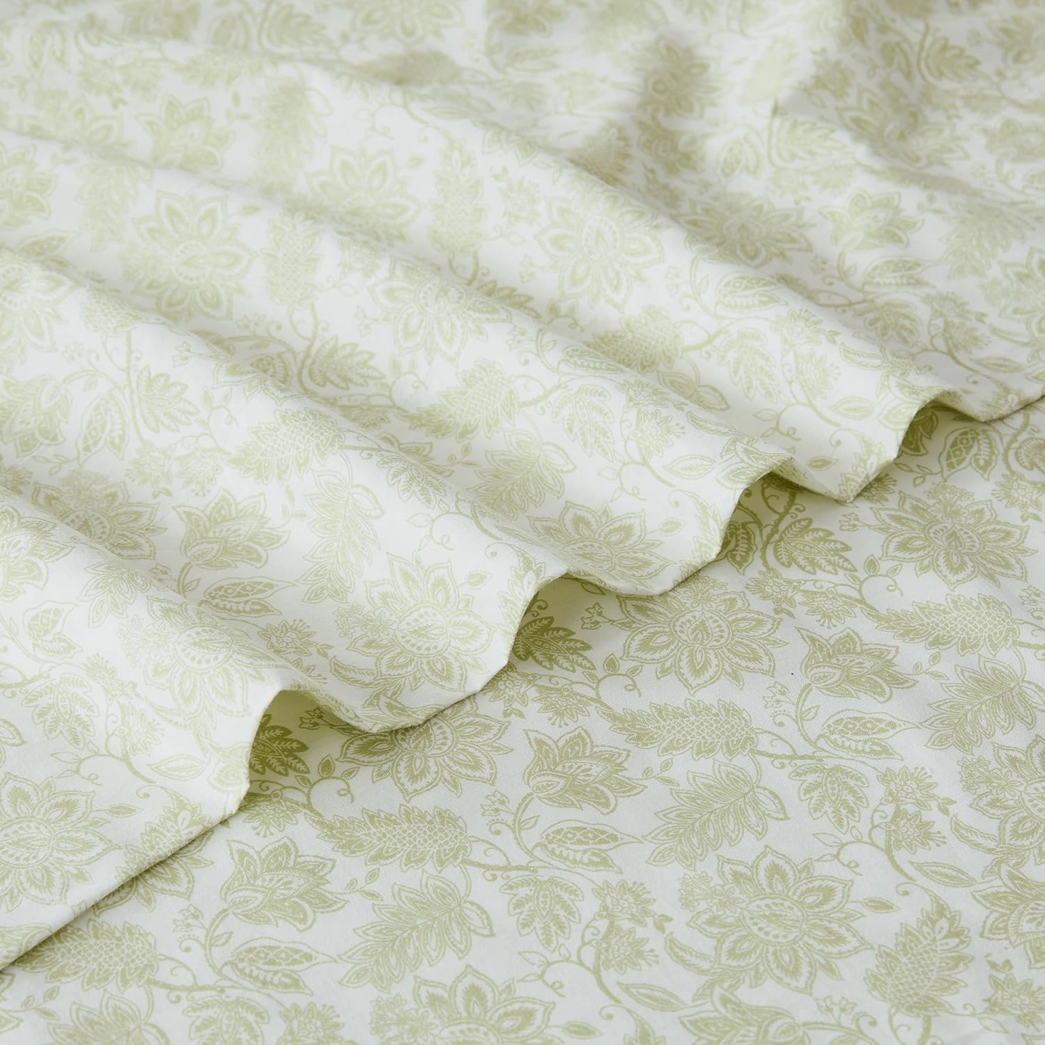 Lush Decor Floral Jacobean Cotton Sheet Set 4 Piece Set King Sage - Floral Sheets - Botanical Print - Green Bed Sheets - Traditional Decor