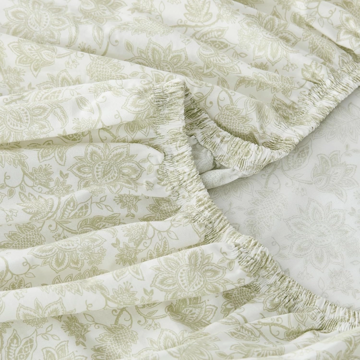 Lush Decor Floral Jacobean Cotton Sheet Set 4 Piece Set King Sage - Floral Sheets - Botanical Print - Green Bed Sheets - Traditional Decor