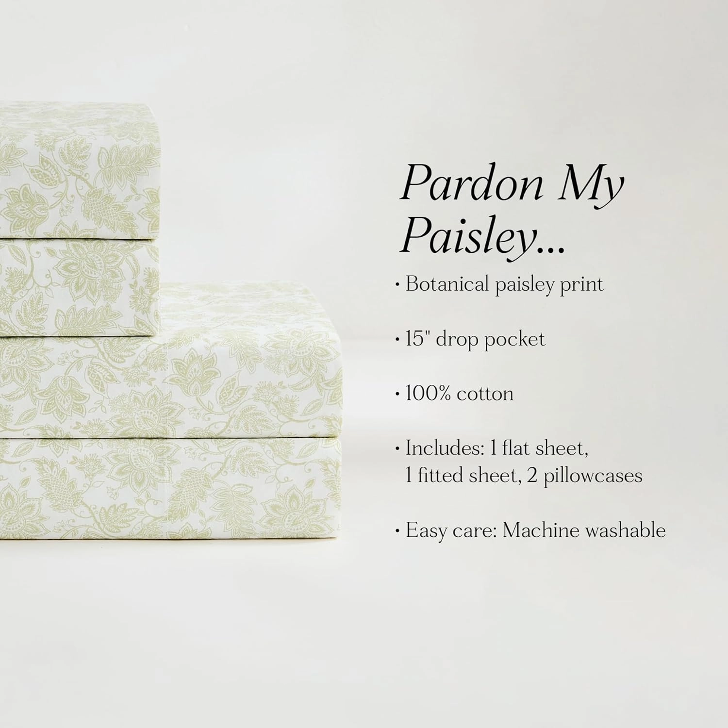 Lush Decor Floral Jacobean Cotton Sheet Set 4 Piece Set King Sage - Floral Sheets - Botanical Print - Green Bed Sheets - Traditional Decor