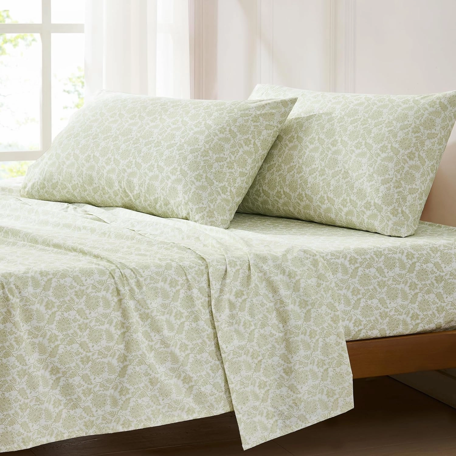 Lush Decor Floral Jacobean Cotton Sheet Set 4 Piece Set King Sage - Floral Sheets - Botanical Print - Green Bed Sheets - Traditional Decor