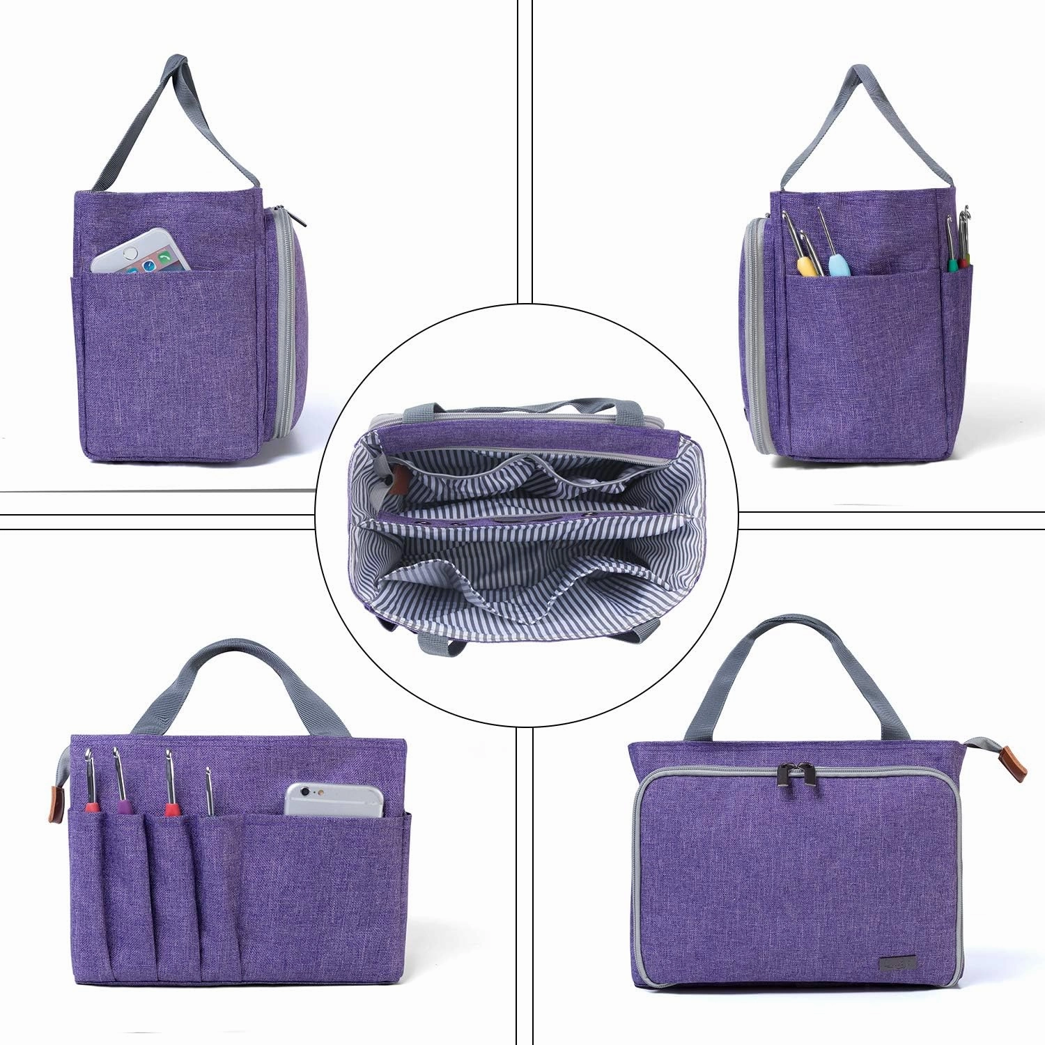 Luxja Small Crochet Tote Bag, Yarn Storage Bag for Small Unfinished Projects, Crochet Hooks and Other Accessories, Purple