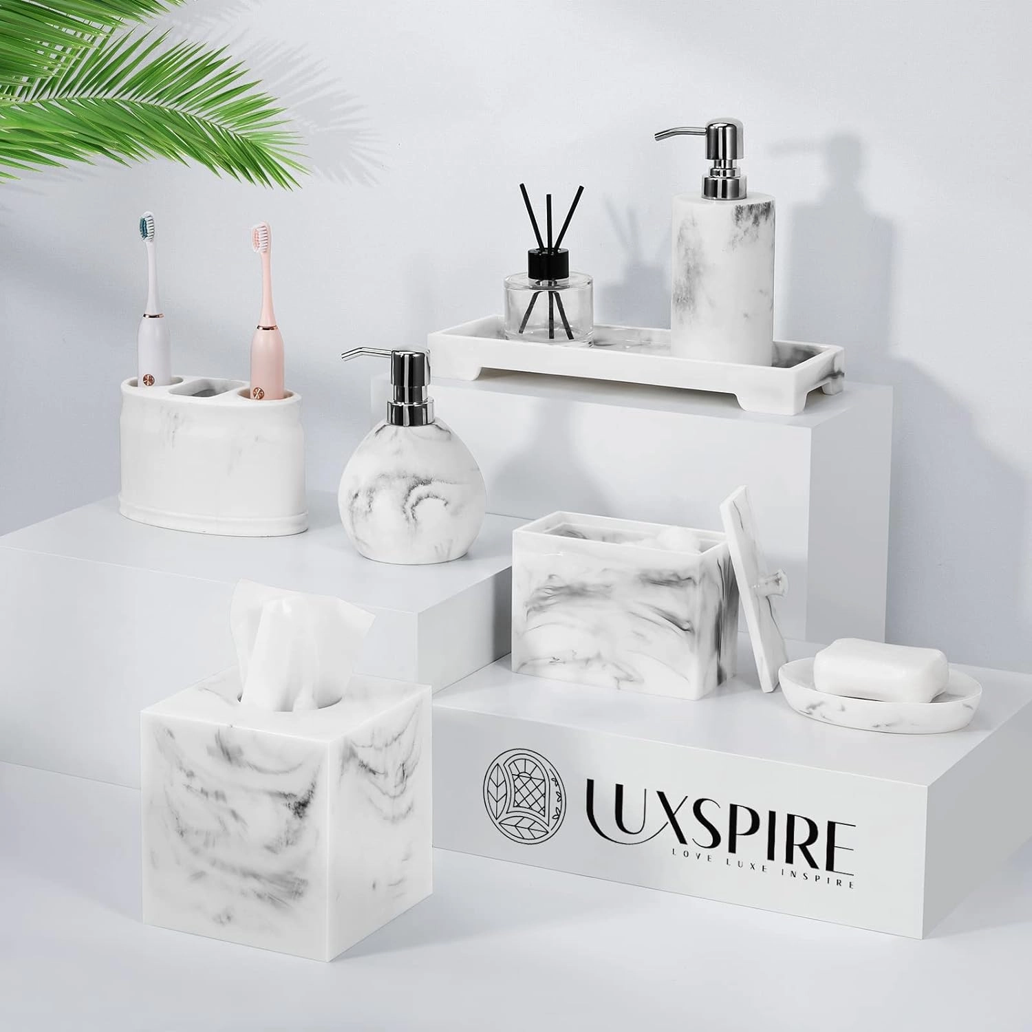 Luxspire Soap Dispenser, Cylinder-Shaped Marble Lotion Liquid Soap Pump Bottles, Refillable Shampoo Container, Decorative Hand Soap Resin Jar for Bathroom, Kitchen - White Marble