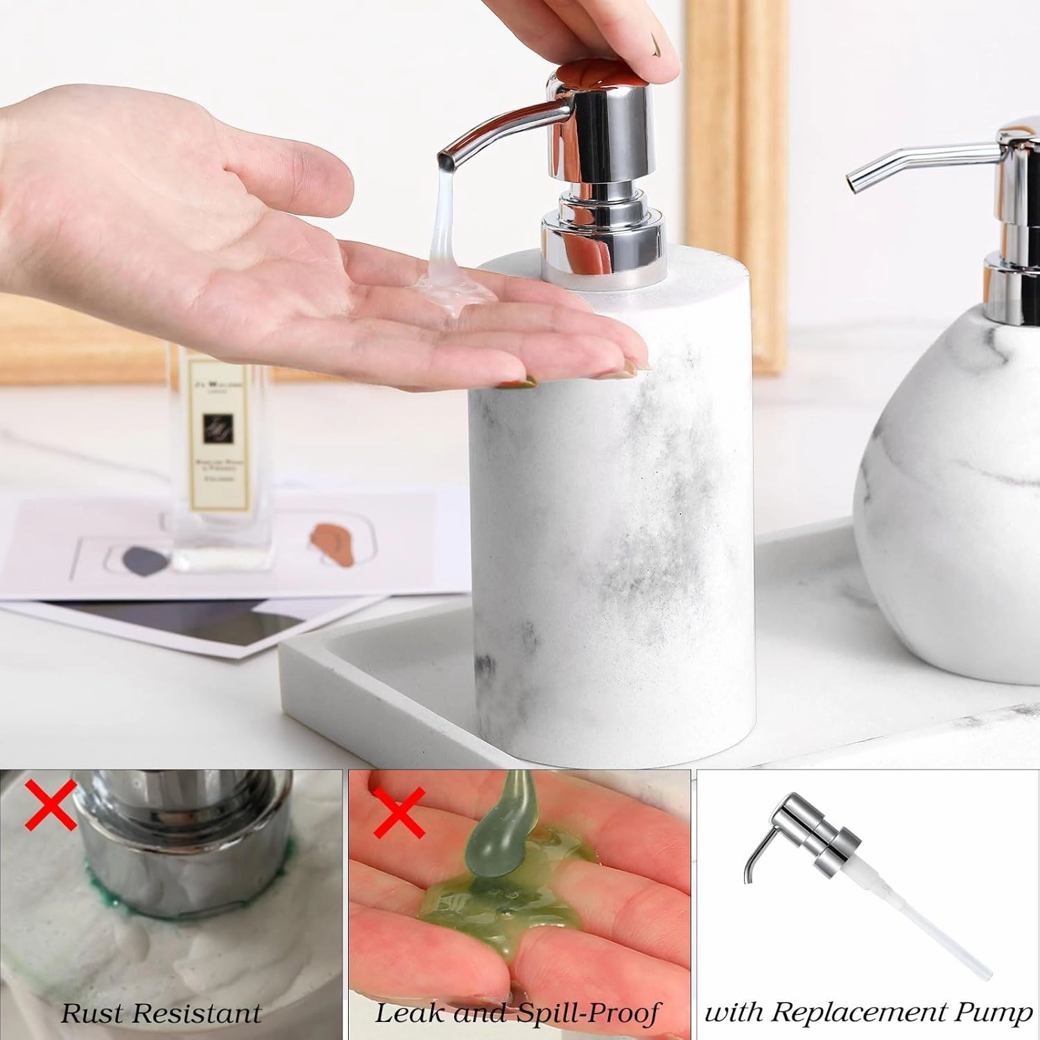 Luxspire Soap Dispenser, Cylinder-Shaped Marble Lotion Liquid Soap Pump Bottles, Refillable Shampoo Container, Decorative Hand Soap Resin Jar for Bathroom, Kitchen - White Marble