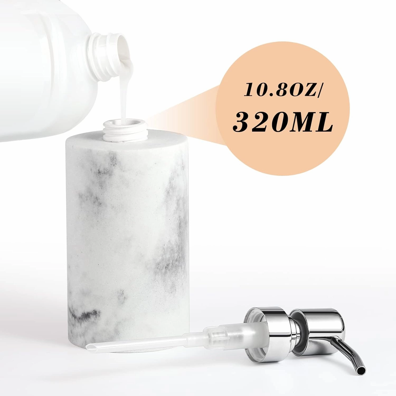 Luxspire Soap Dispenser, Cylinder-Shaped Marble Lotion Liquid Soap Pump Bottles, Refillable Shampoo Container, Decorative Hand Soap Resin Jar for Bathroom, Kitchen - White Marble