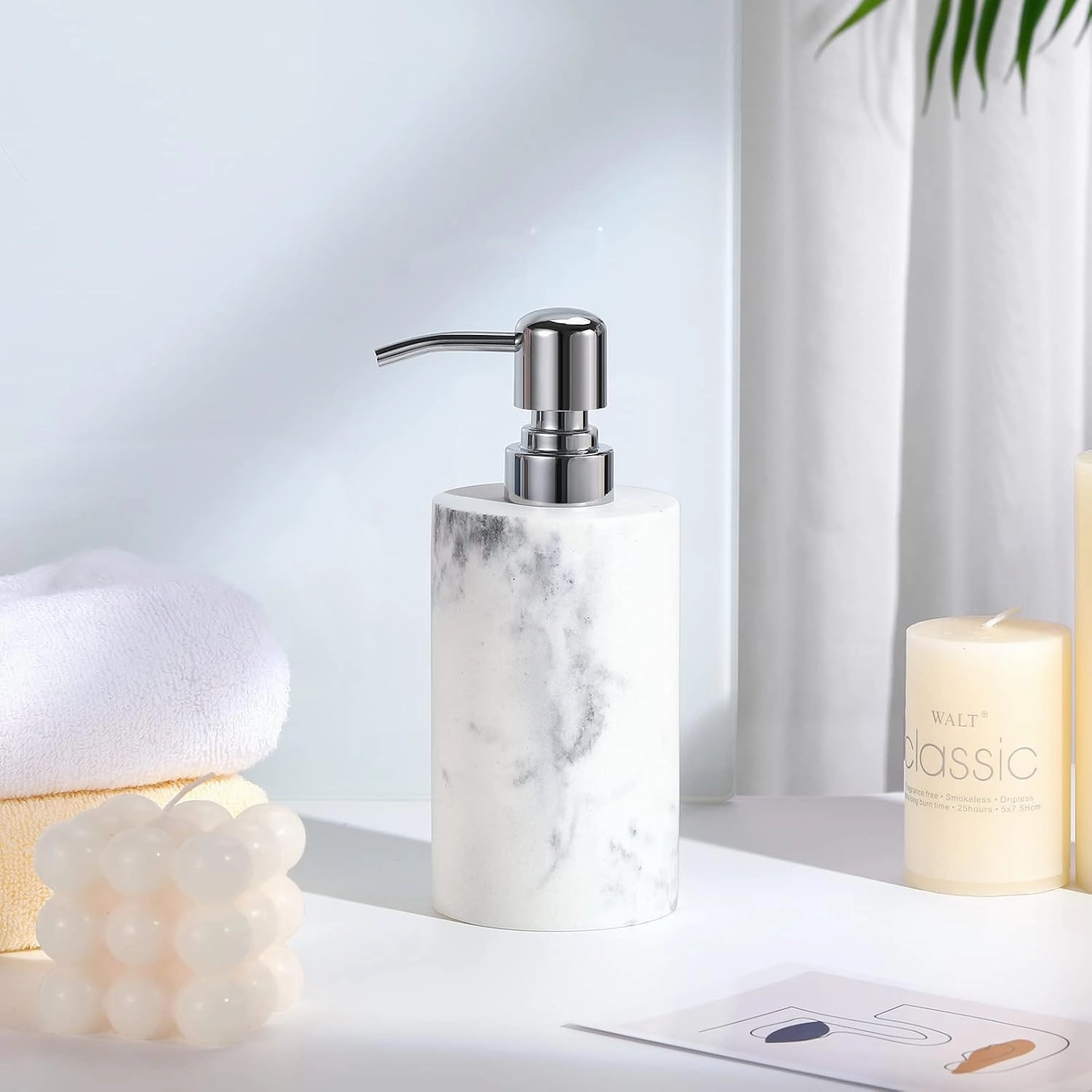 Luxspire Soap Dispenser, Cylinder-Shaped Marble Lotion Liquid Soap Pump Bottles, Refillable Shampoo Container, Decorative Hand Soap Resin Jar for Bathroom, Kitchen - White Marble