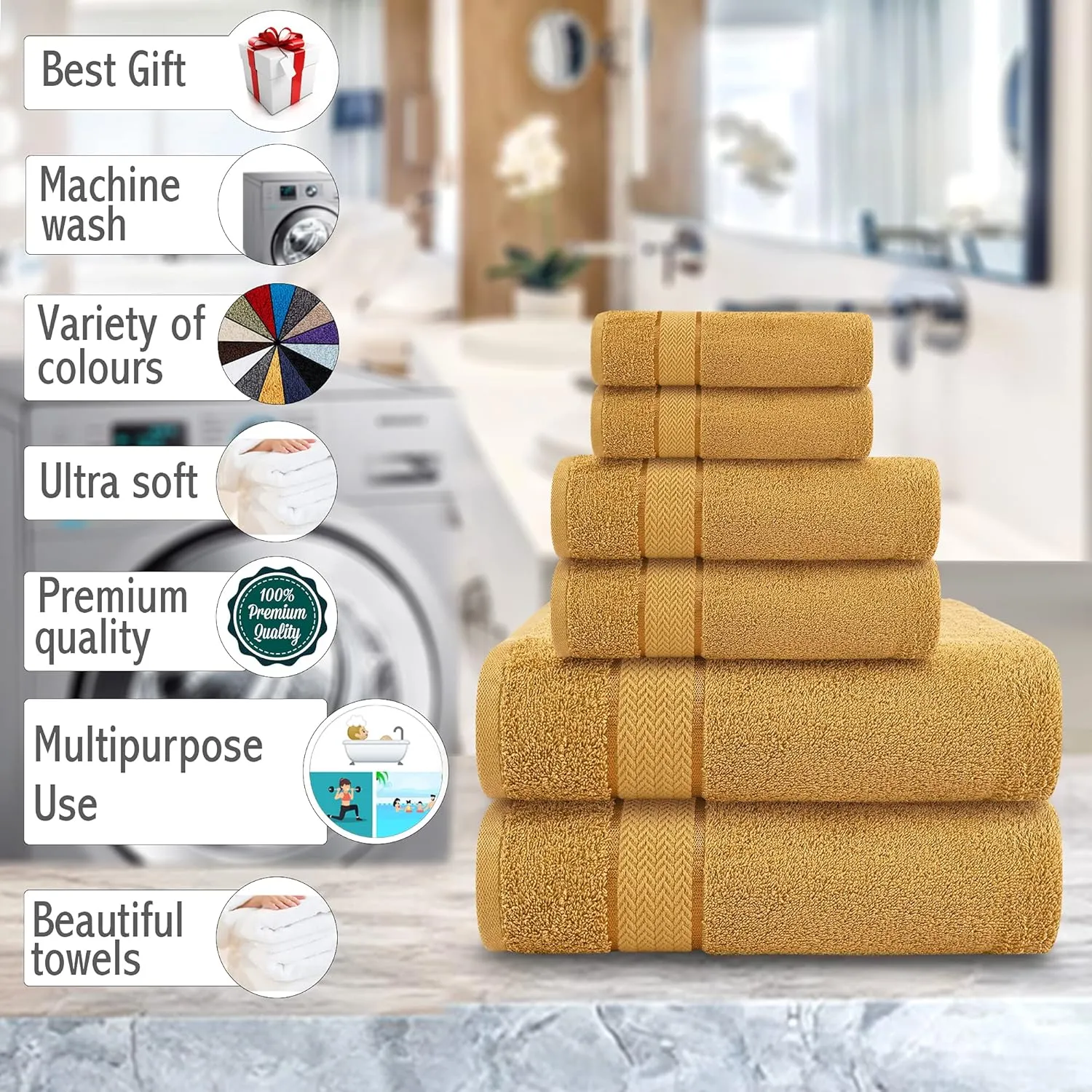Luxury Bath Towels Set-100% Cotton- 2 Bath, 2 Hand & 2 Washcloths- Large, Thick, Fluffy, Absorbent, Quick Dry, Soft & Plush -Gift, Pool, Hotel, Gym Towel -6 Piece Luxury Bathroom Towels -Gold / Golden