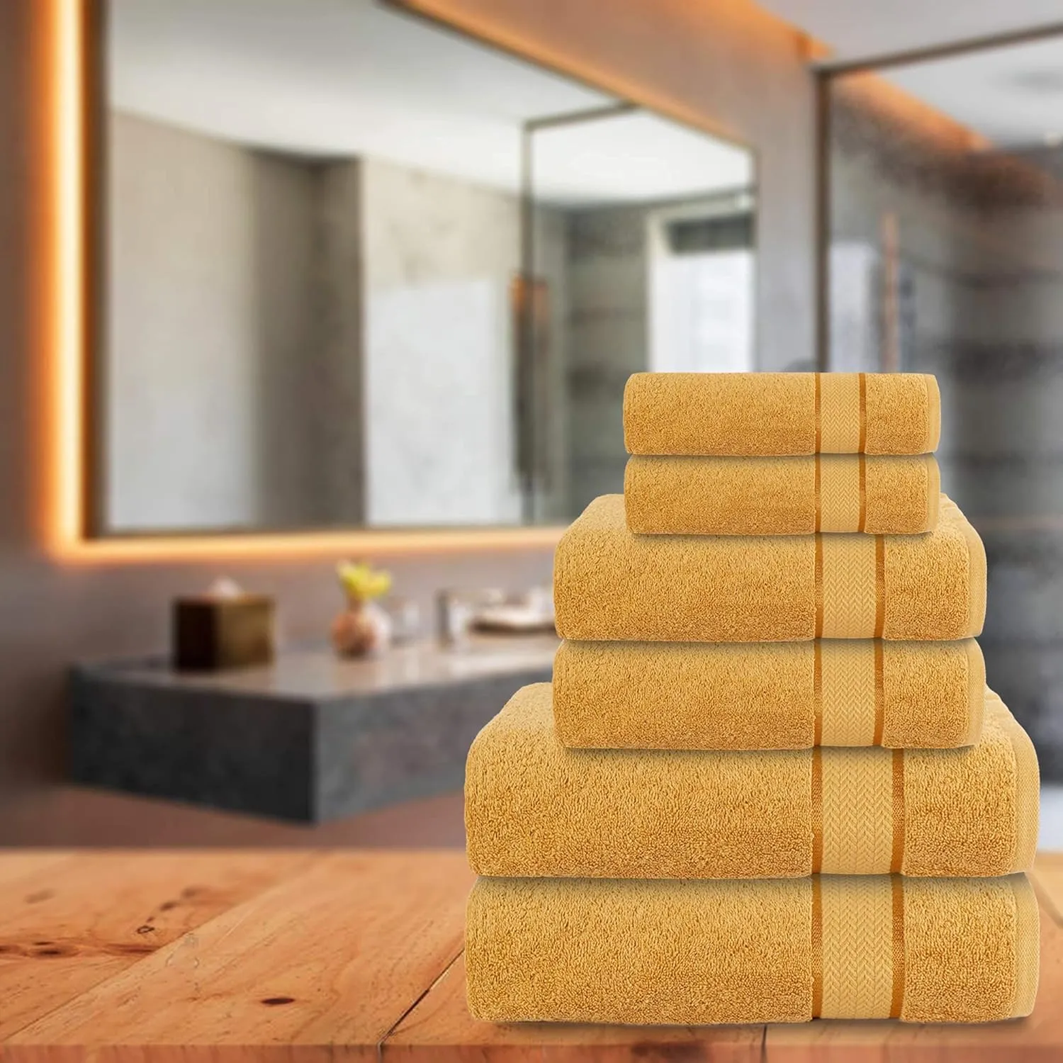 Luxury Bath Towels Set-100% Cotton- 2 Bath, 2 Hand & 2 Washcloths- Large, Thick, Fluffy, Absorbent, Quick Dry, Soft & Plush -Gift, Pool, Hotel, Gym Towel -6 Piece Luxury Bathroom Towels -Gold / Golden