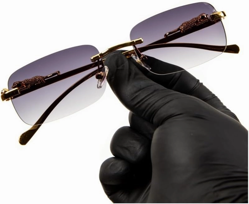 Luxury Unisex Square Rimless Leopard Arms Trendy Retro 90's Hip Hop lens Purple Gray Tint Lens Gold Wire Frame Sun Glasses Frameless Rectangle Grey Summer Shades Sunglasses For Men And Women