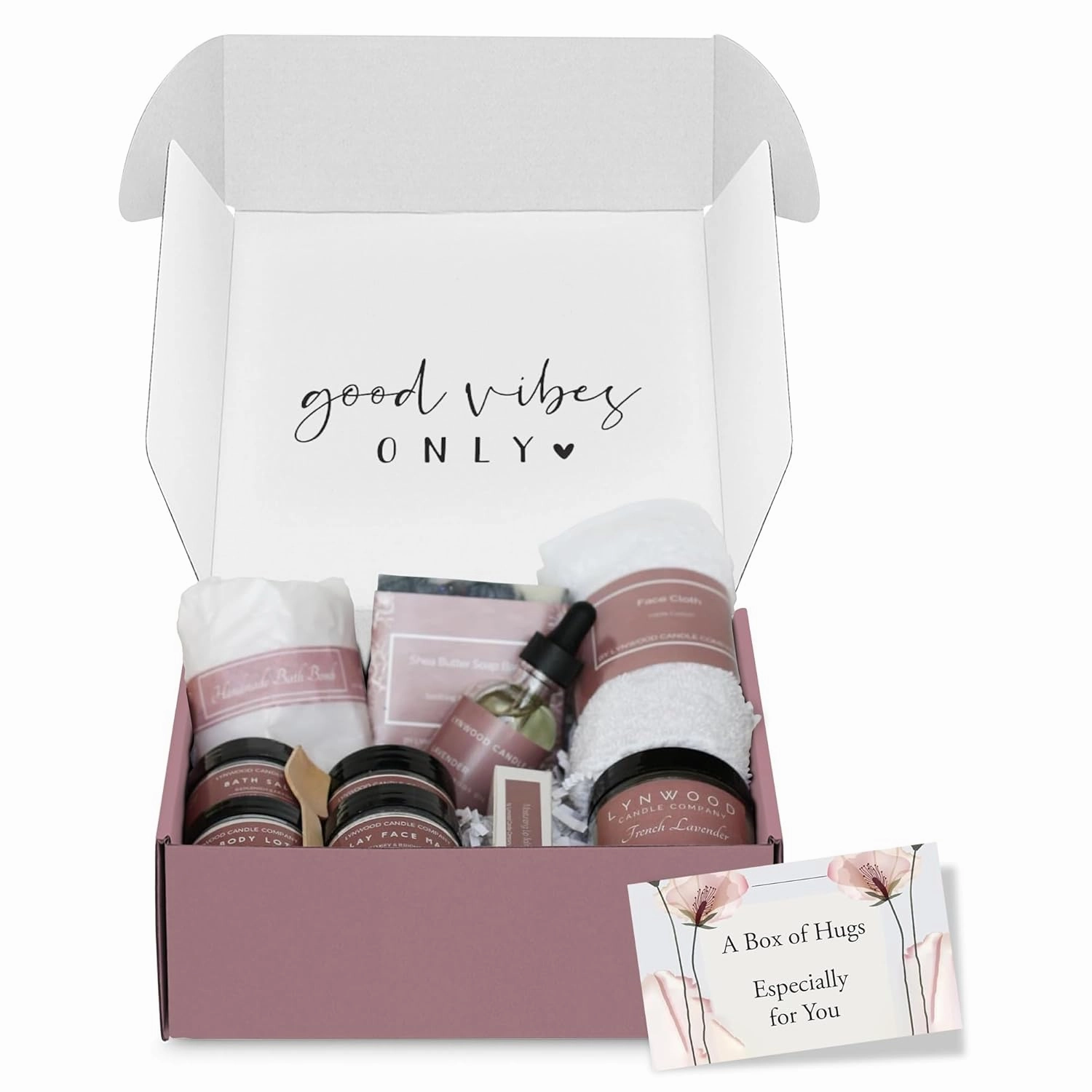 Lynwood Good Vibes Only: Good Vibes Only Package With All Natural Sugar Shower Scrub, Soap and Lotion Set, Shower Bombs Aromatherapy, Hydrating Body Oil, Scented Candle, Relaxing Lavander Bath Salts