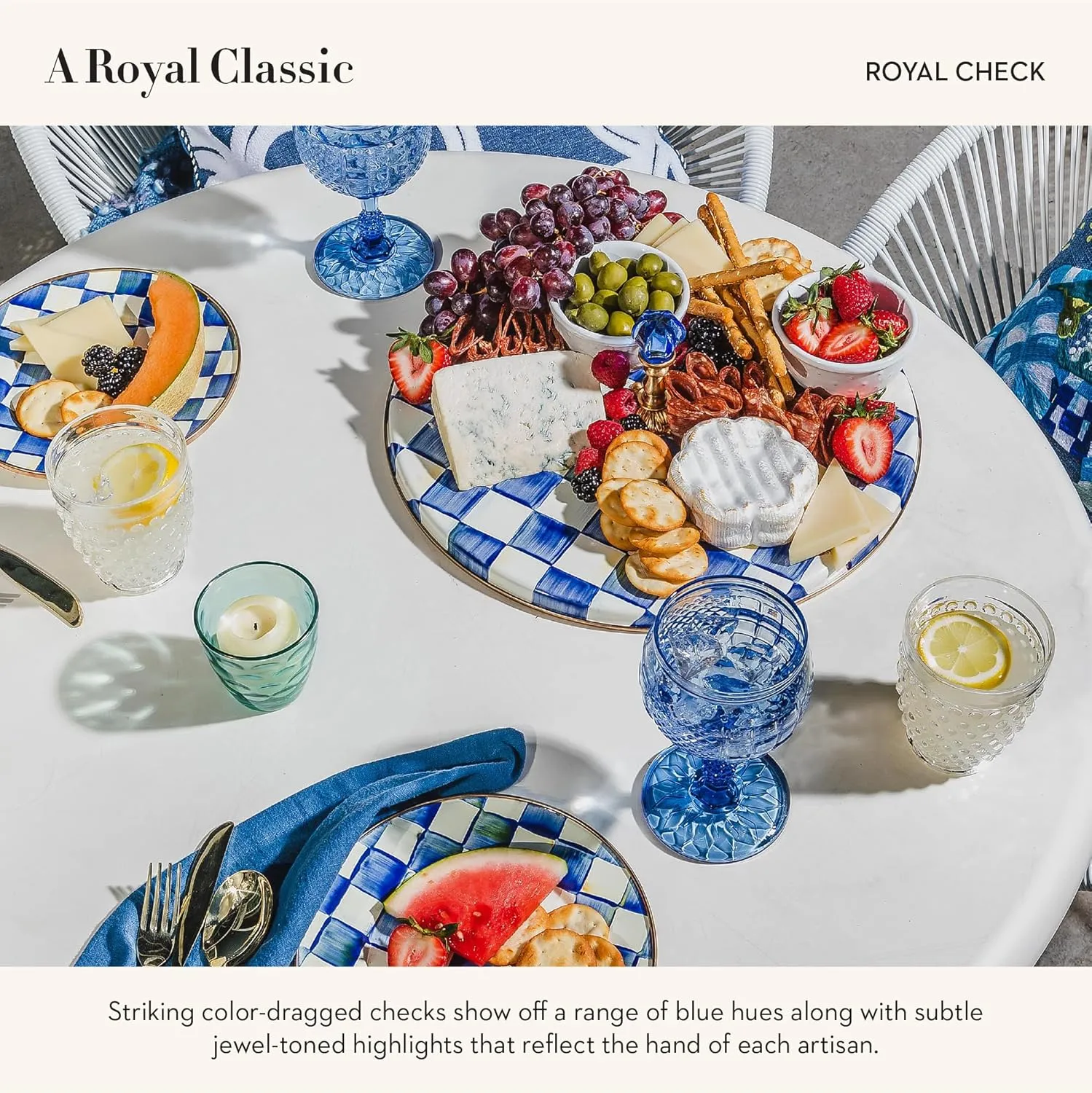 MACKENZIE-CHILDS Cheese Course, Cute Cheese Board and Serving Board for Charcuterie, Blue-and-White Royal Check