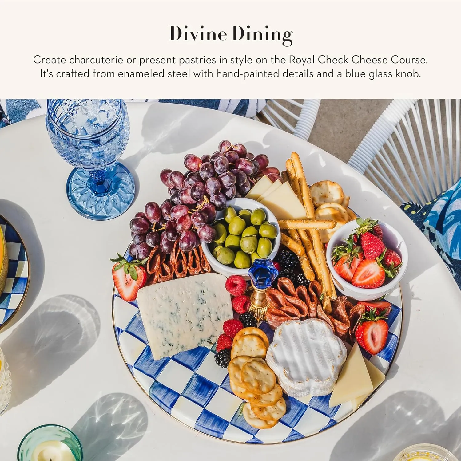 MACKENZIE-CHILDS Cheese Course, Cute Cheese Board and Serving Board for Charcuterie, Blue-and-White Royal Check
