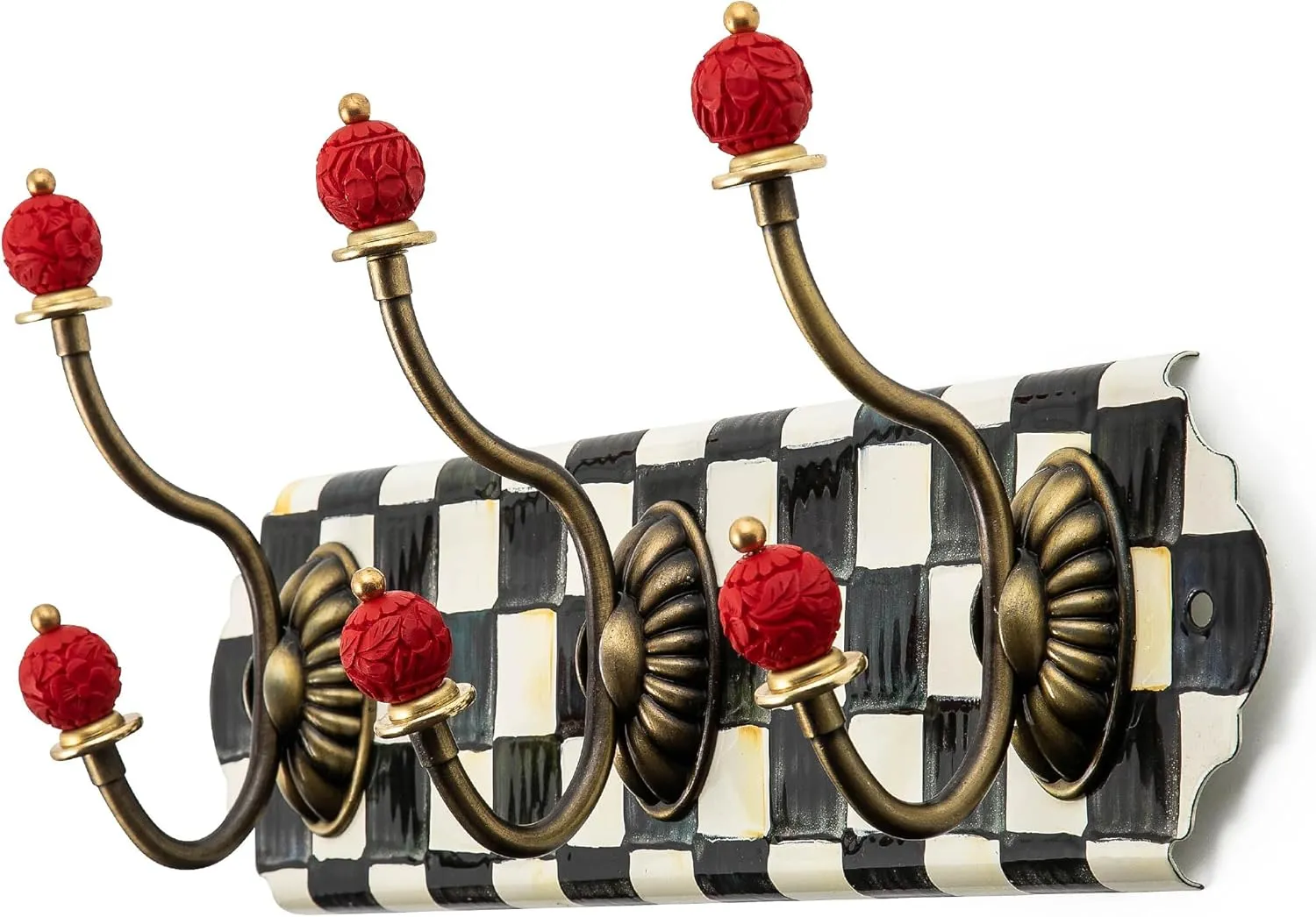 MACKENZIE-CHILDS Courtly Check Enamel Triple Wall Hook, Black-and-White Hanging Wall Rack
