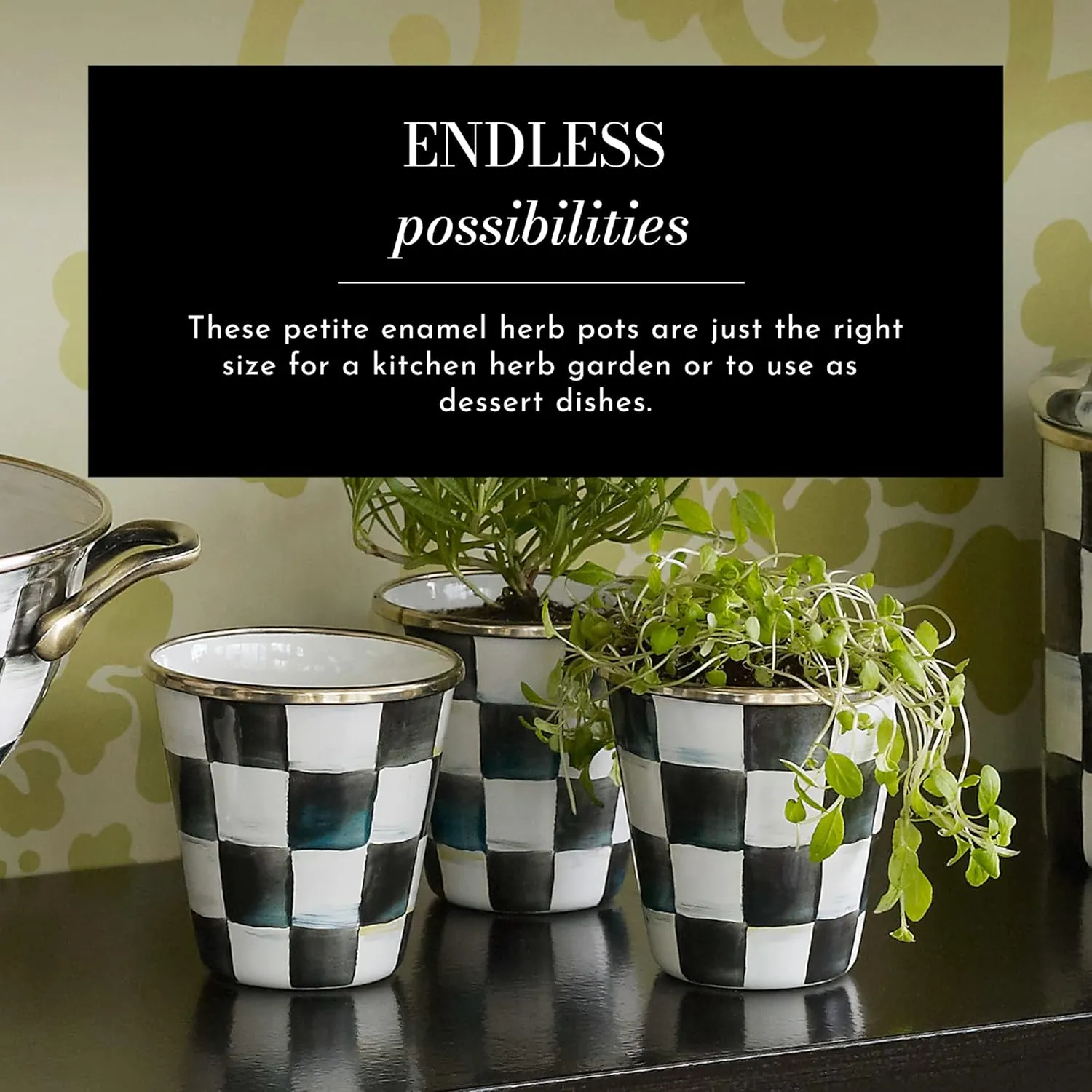 MACKENZIE-CHILDS Enamel Herb Pots, Small Plant Pots for Herbs or Flowers, Set of 3, Black-and-White Courtly Check