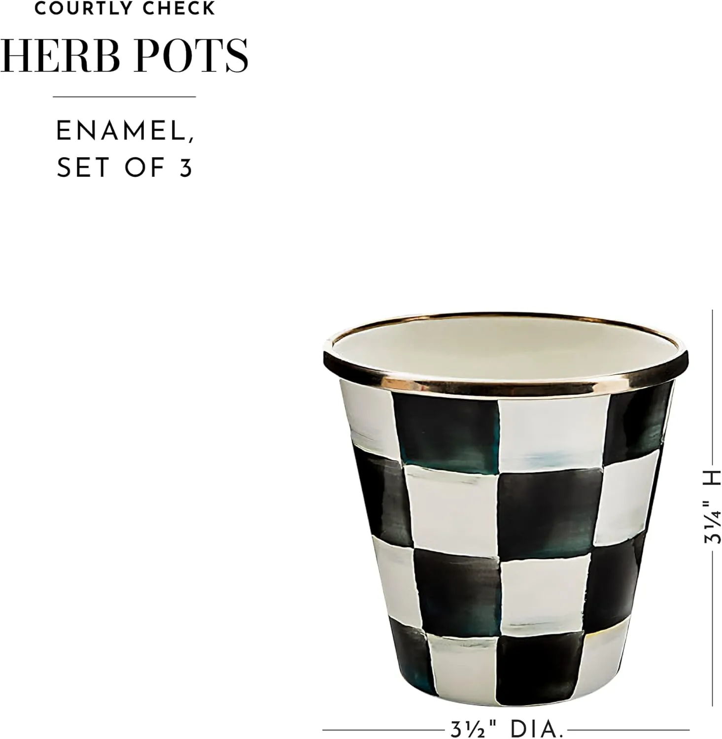 MACKENZIE-CHILDS Enamel Herb Pots, Small Plant Pots for Herbs or Flowers, Set of 3, Black-and-White Courtly Check