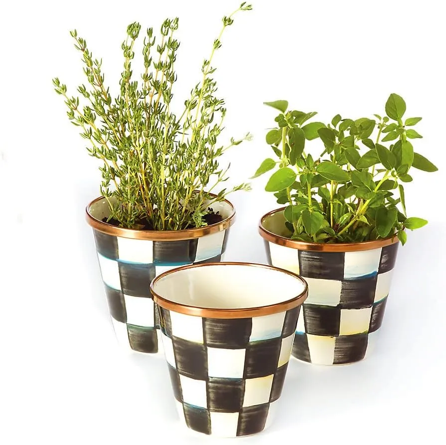 MACKENZIE-CHILDS Enamel Herb Pots, Small Plant Pots for Herbs or Flowers, Set of 3, Black-and-White Courtly Check