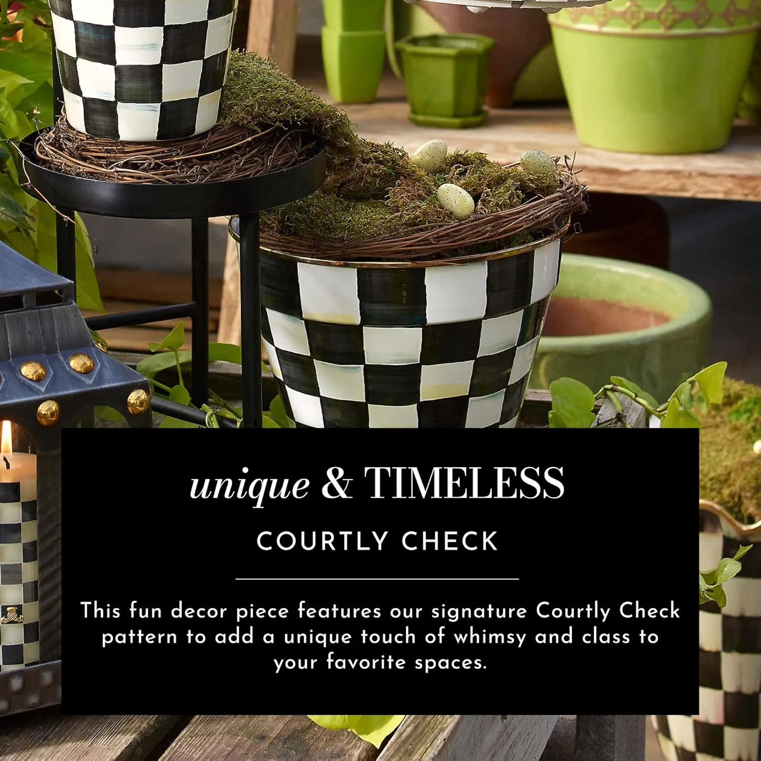 MACKENZIE-CHILDS Enamel Herb Pots, Small Plant Pots for Herbs or Flowers, Set of 3, Black-and-White Courtly Check