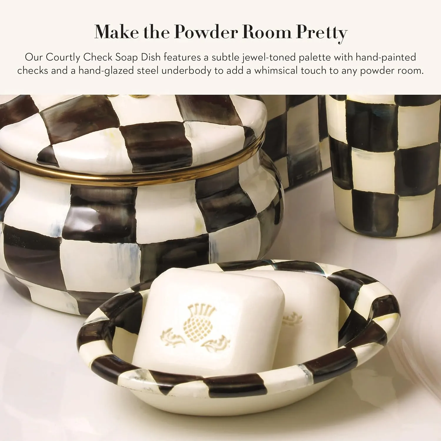 MACKENZIE-CHILDS Enamel Soap Dish, Decorative Soap Holder for Bathroom or Kitchen, Black-and-White Courtly Check
