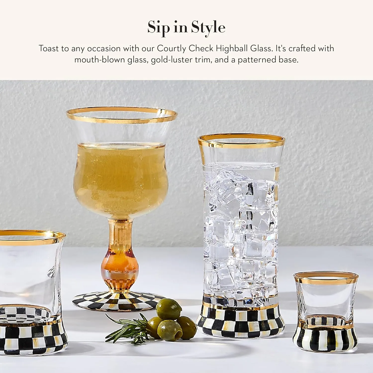 MACKENZIE-CHILDS Highball Glasses, Tall Drinking Glasses with Gold Rims, 15 Ounces, Set of 2, Black-and-White Courtly Check