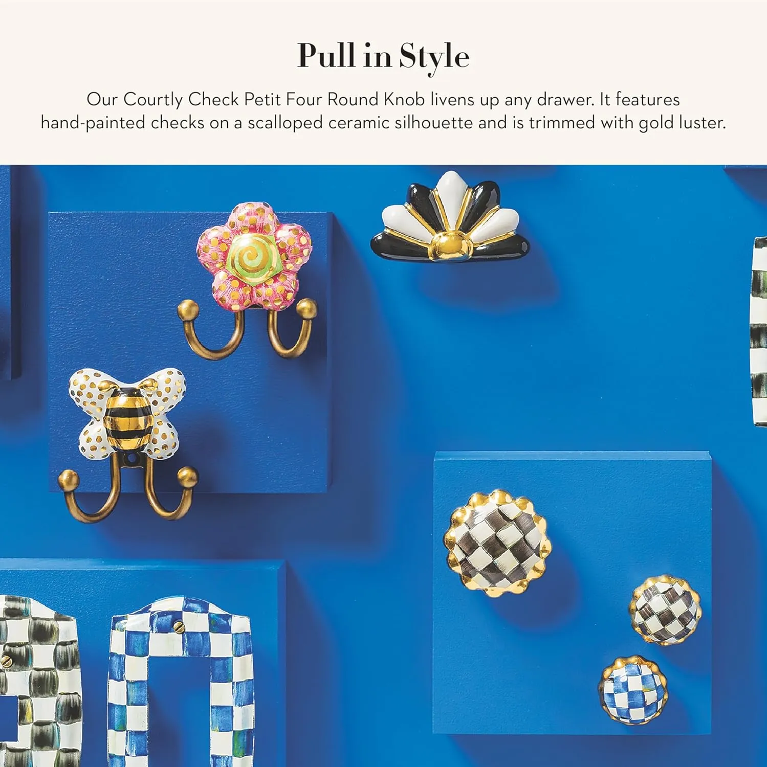 MACKENZIE-CHILDS Petit Four Round Knob, Decorative Drawer Pull Knob, Black-and-White Courtly Check