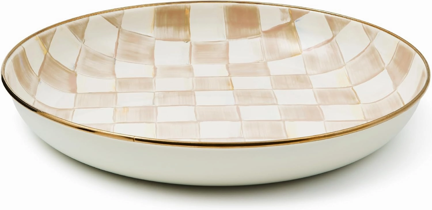 MACKENZIE-CHILDS Enamel Abundant Bowl, Decorative or Serving Bowl, 13-Cup Capacity, Brown-and-White Mocha Check