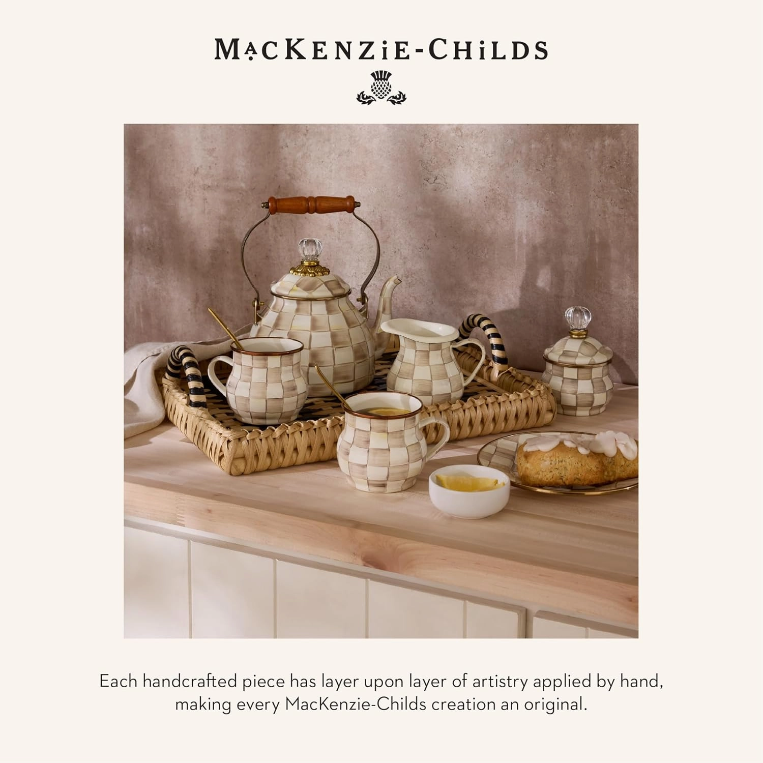 MACKENZIE-CHILDS Enamel Abundant Bowl, Decorative or Serving Bowl, 13-Cup Capacity, Brown-and-White Mocha Check