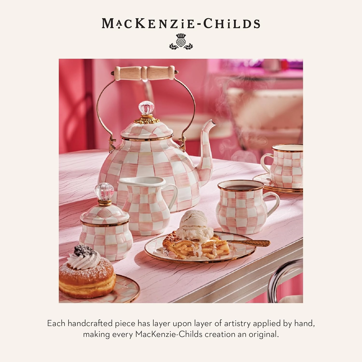 MACKENZIE-CHILDS Enamel Abundant Bowl, Decorative or Serving Bowl, 13-Cup Capacity, Pink-and-White Rosy Check