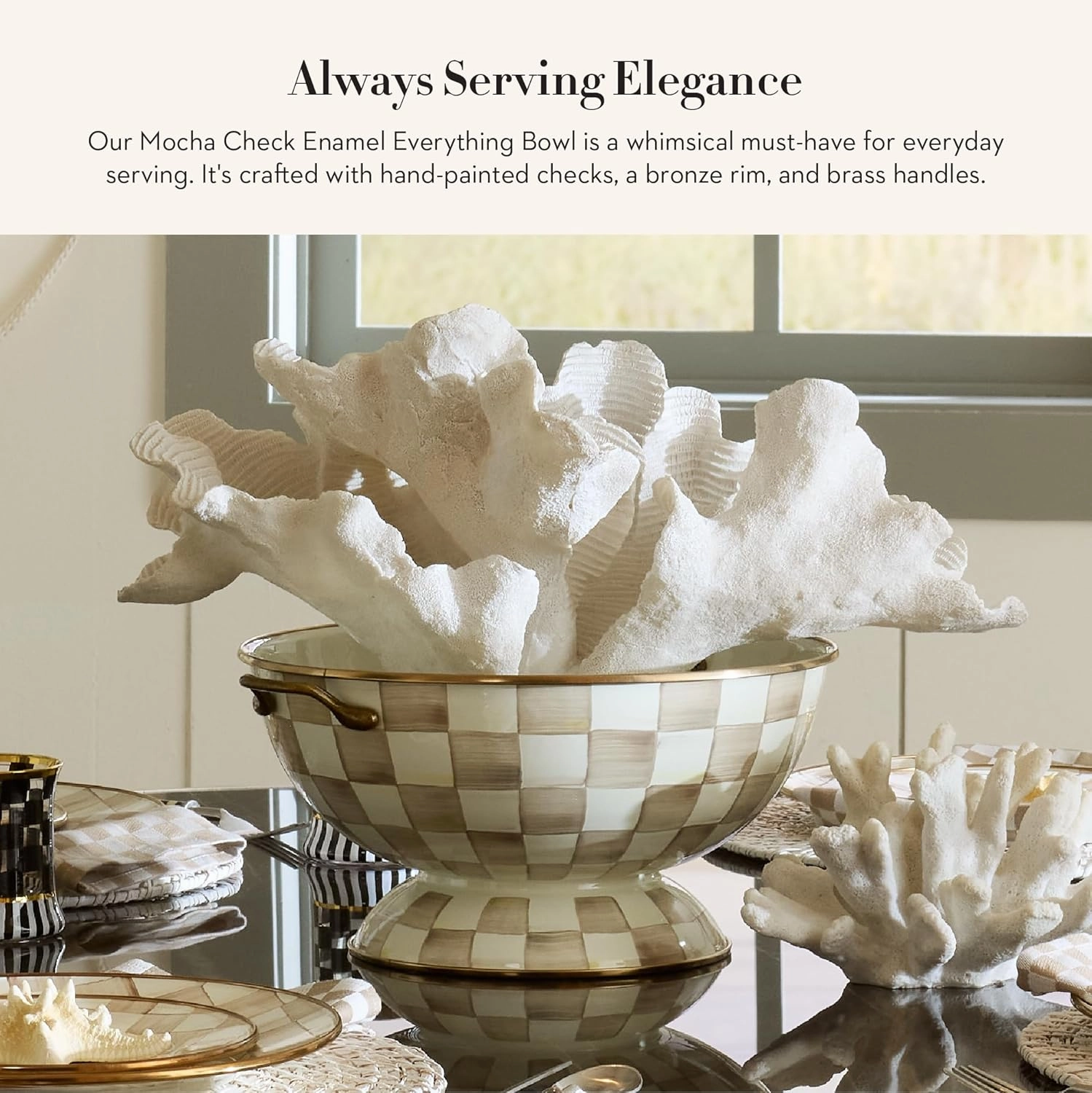 MACKENZIE-CHILDS Enamel Bowl, Serving Bowl for Entertaining, Everything Bowl, Brown-and-White Mocha Check