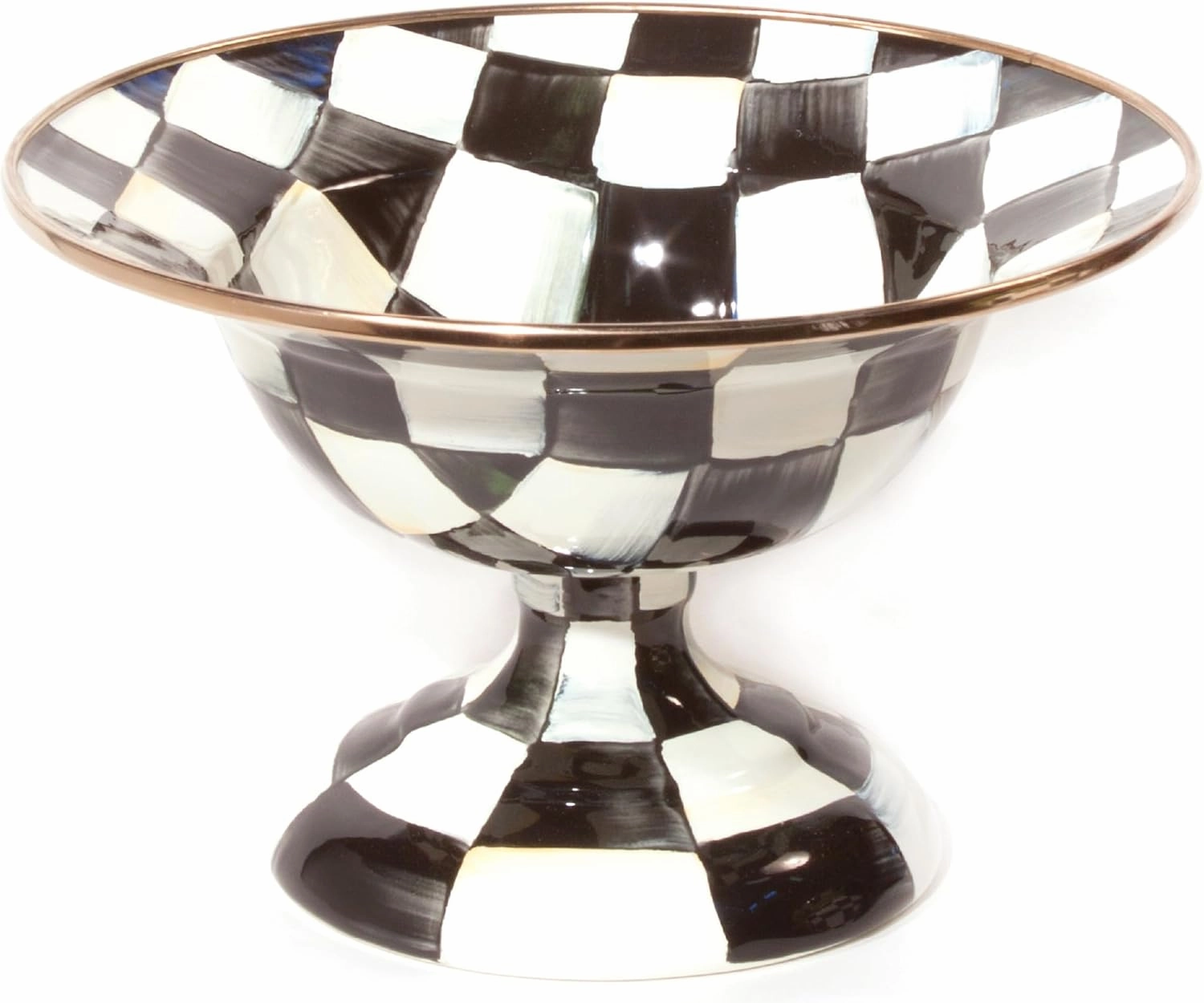 MACKENZIE-CHILDS Enamel Compote, Cute Enamel Pedestal Serving Dish or Decorative Bowl, Small, Black-and-White Courtly Check