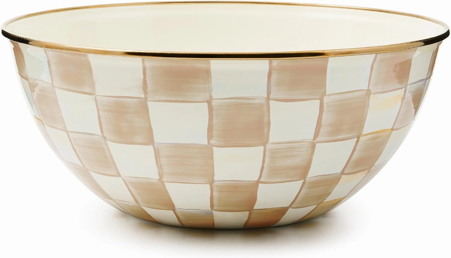 MACKENZIE-CHILDS Enamel Everyday Bowl, Serving Bowl for Entertaining, Large, Brown-and-White Mocha Check