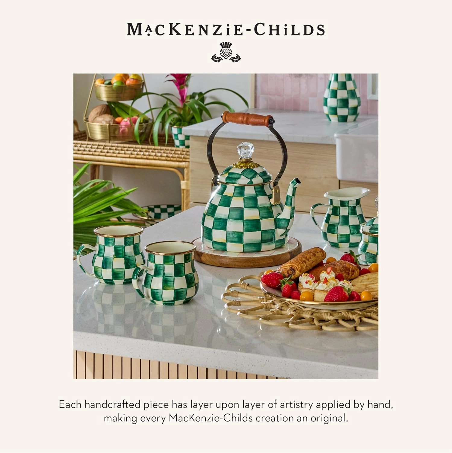 MACKENZIE-CHILDS Enamel Serving Platter, Decorative Serving Platter for Food, 16 Inches, Green-and-White Emerald Check