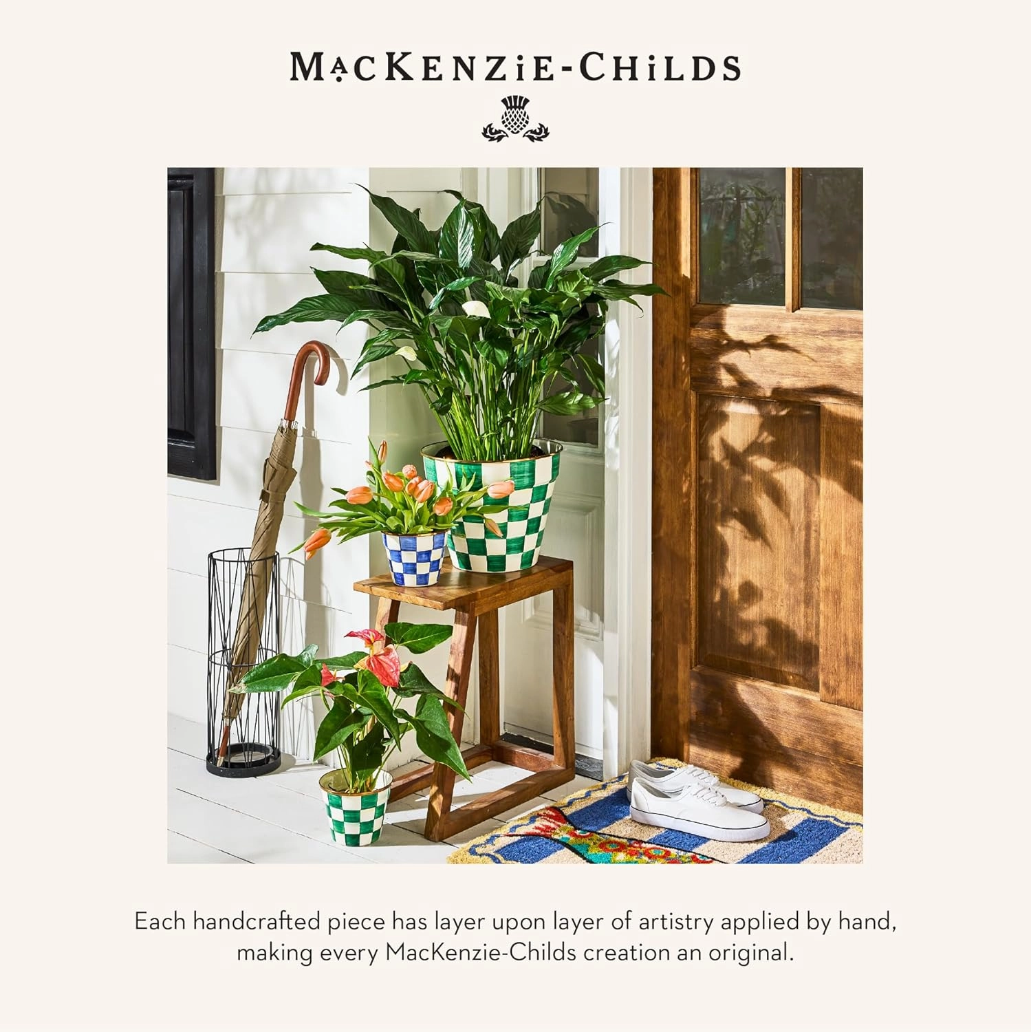 MACKENZIE-CHILDS Flowerpot, Decorative Garden Pot for Growing Plants, Green-and-White Emerald Check