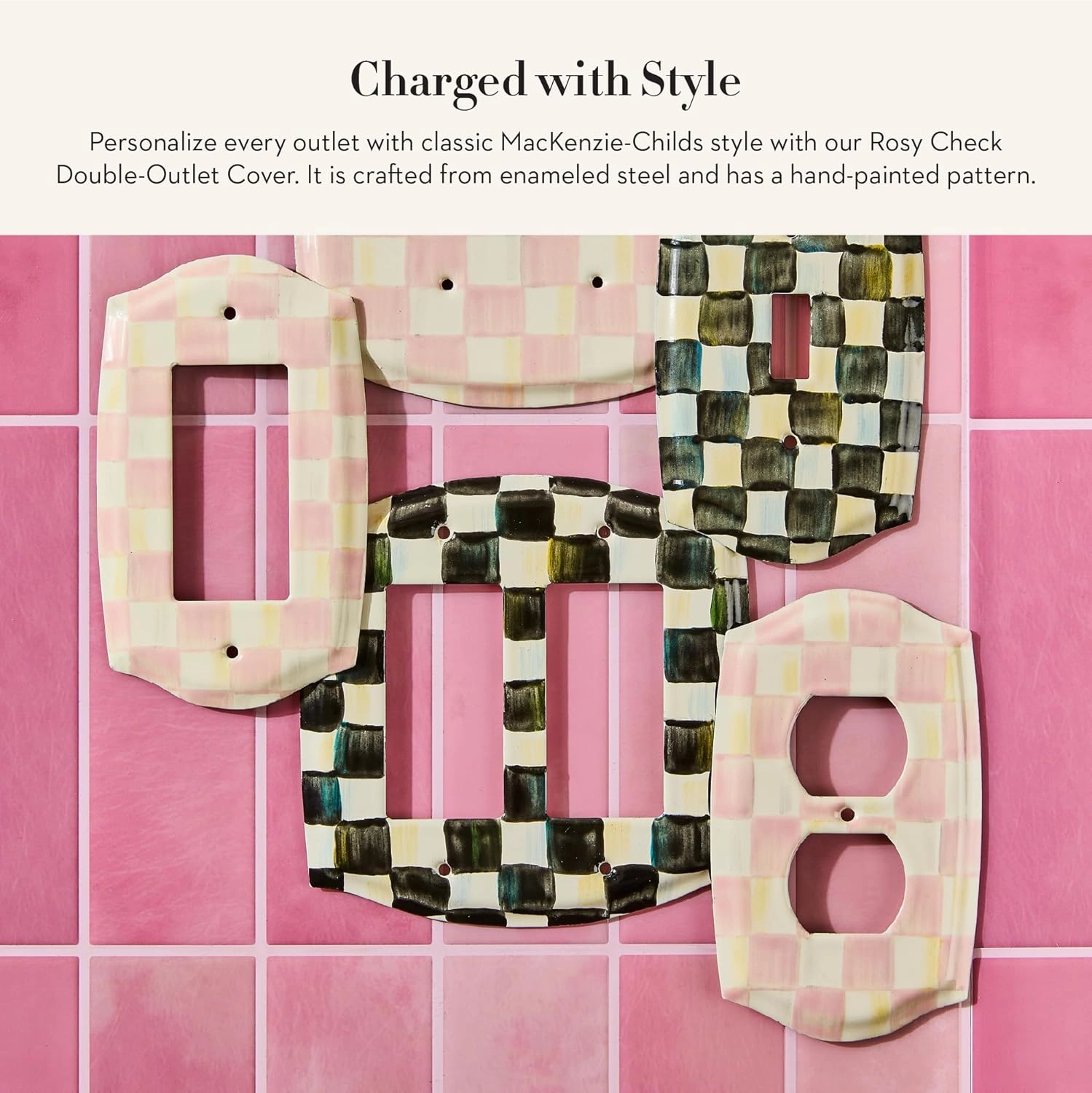 MACKENZIE-CHILDS Outlet Cover, Decorative Double-Outlet Cover Plate, Pink-and-White Rosy Check