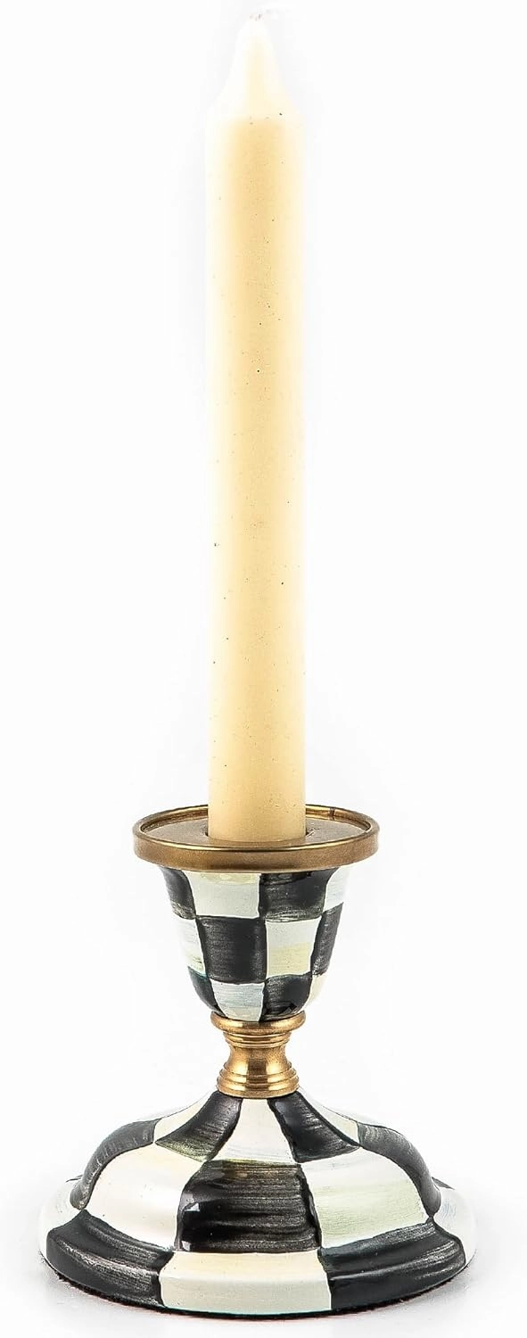 MACKENZIE-CHILDS Short Candlestick, Cute Candle-Holder Decor, Black-and-White Courtly Check