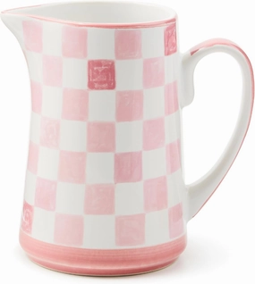 MACKENZIE-CHILDS Stoneware Pitcher with Spout, Decorative Drink Pitcher, 1.75 Quarts, Pink Check