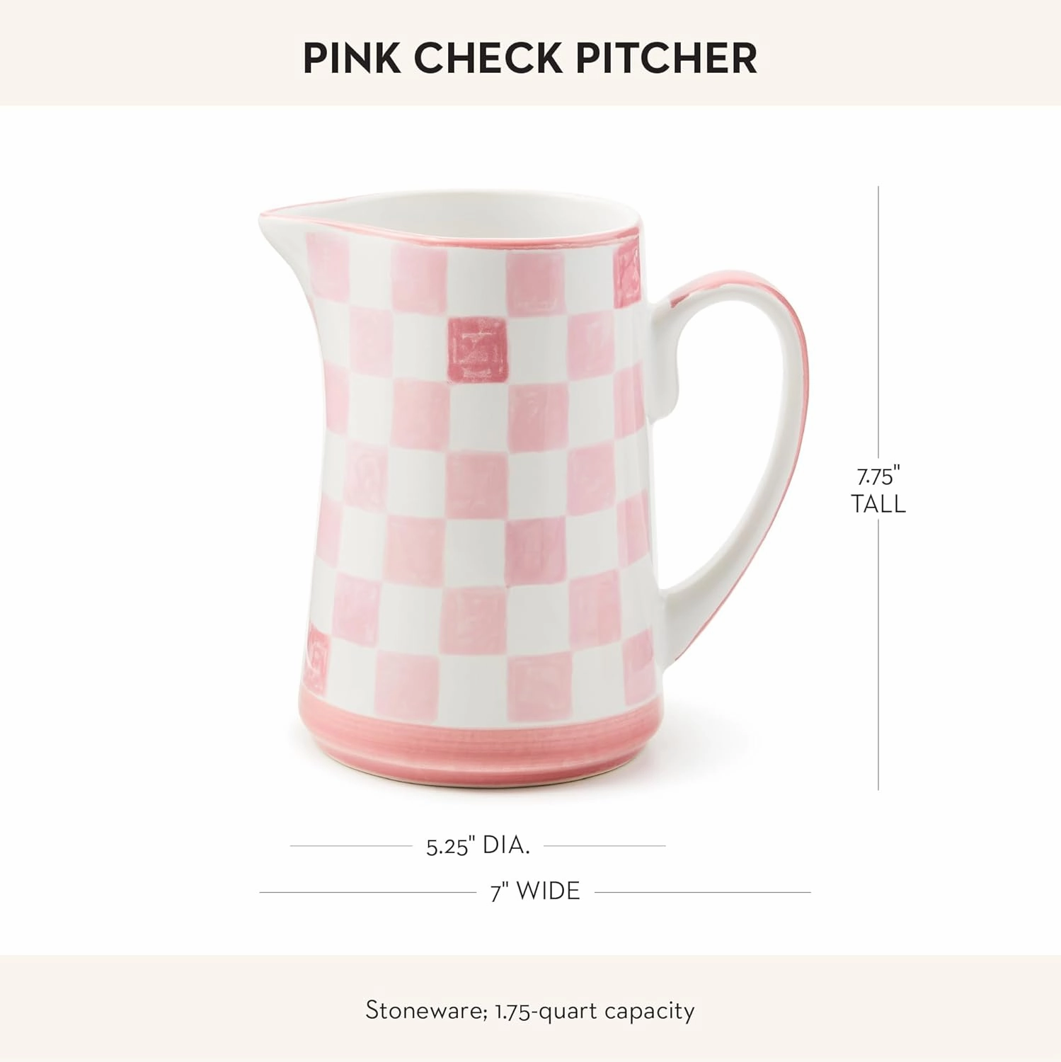 MACKENZIE-CHILDS Stoneware Pitcher with Spout, Decorative Drink Pitcher, 1.75 Quarts, Pink Check