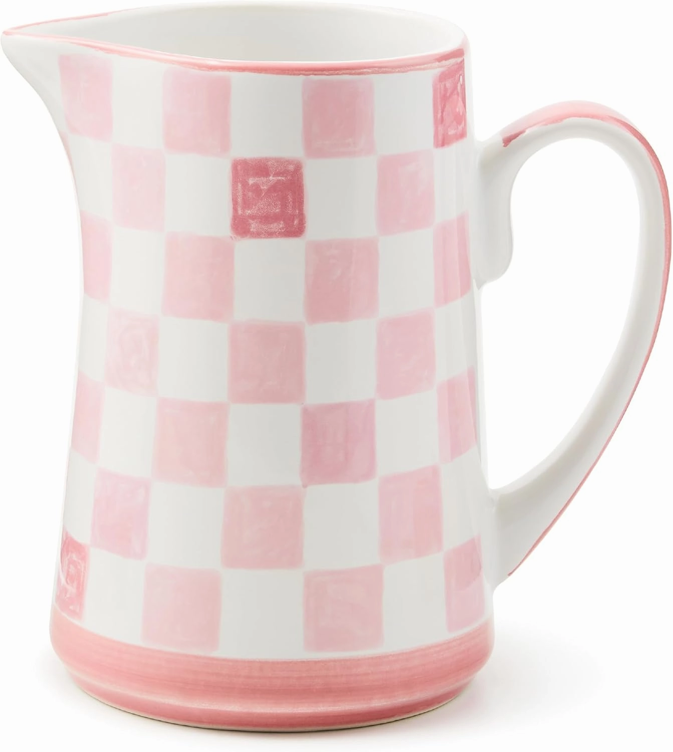 MACKENZIE-CHILDS Stoneware Pitcher with Spout, Decorative Drink Pitcher, 1.75 Quarts, Pink Check