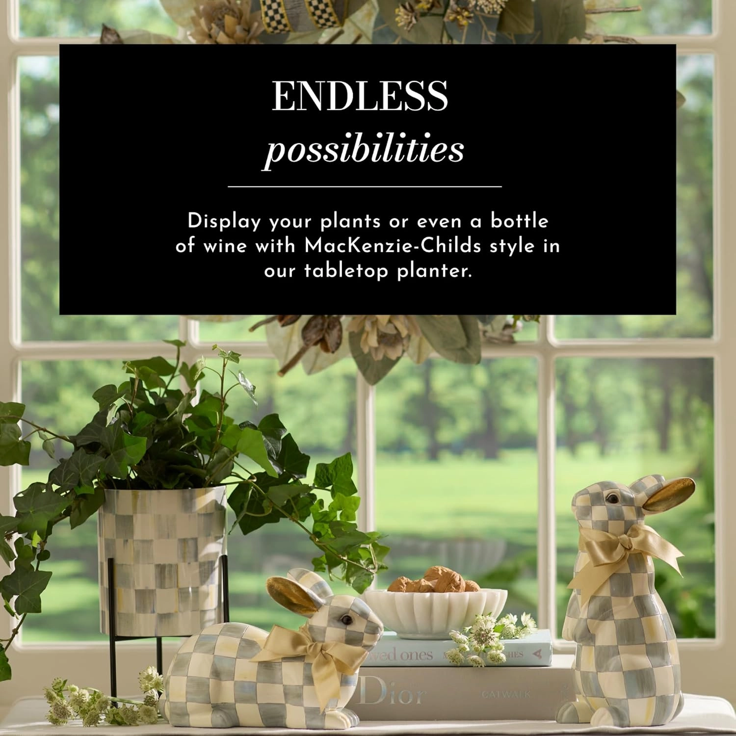 MACKENZIE-CHILDS Tabletop Ceramic Planter with Stand, Decorative Pot for Indoor Plants, Gray-and-White Sterling Check