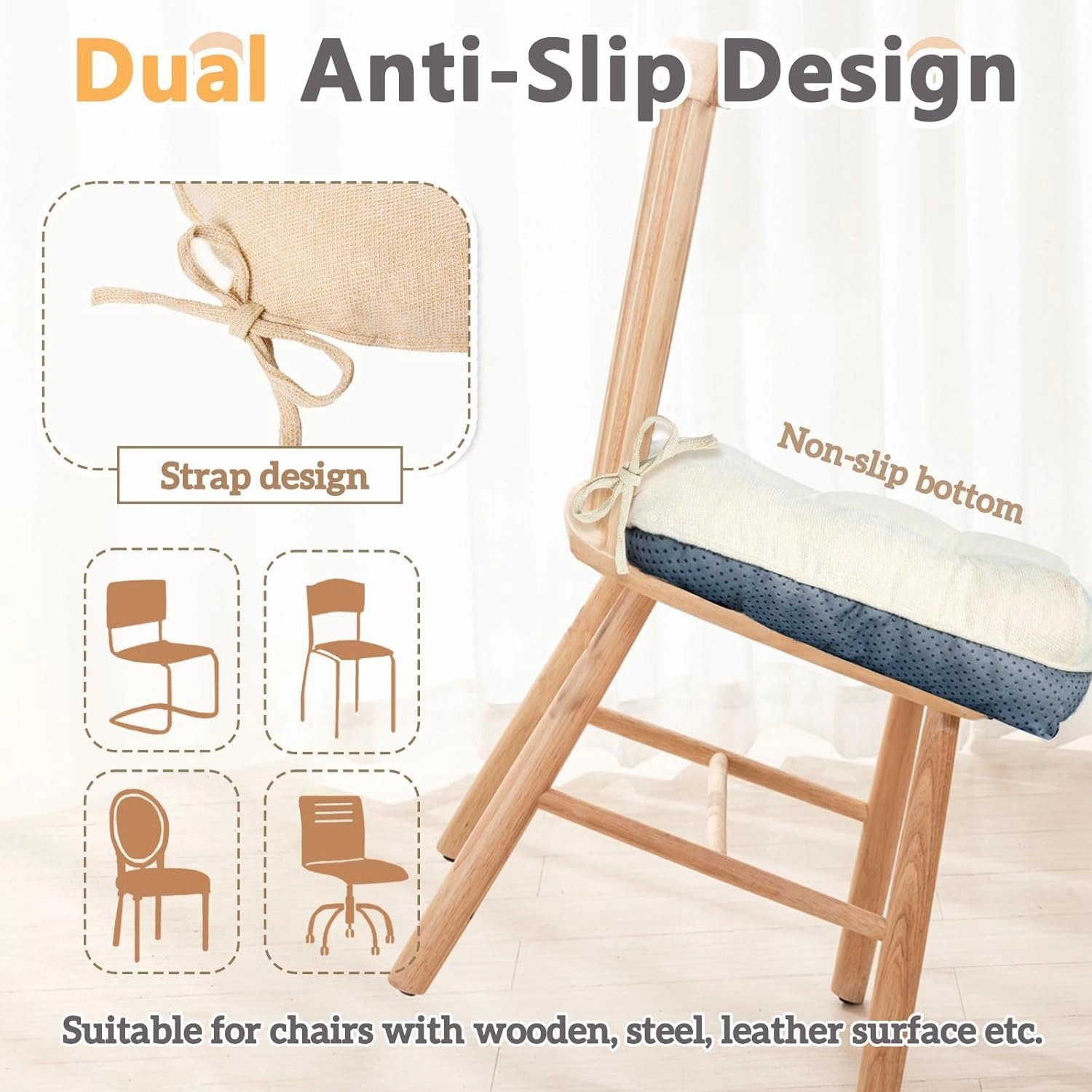 MAGIC ELEPHANT Chair Cushions for Dining Chair, Shredded Memory Foam Kitchen Chair Cushions Set of 4, Non-Slip Thick Dinning Room Chair Pads Seat Cushions, 15.5" x 15.5" x 4" (Beige)