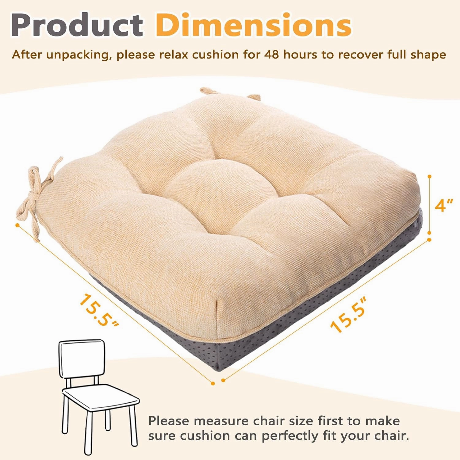 MAGIC ELEPHANT Chair Cushions for Dining Chair, Shredded Memory Foam Kitchen Chair Cushions Set of 4, Non-Slip Thick Dinning Room Chair Pads Seat Cushions, 15.5" x 15.5" x 4" (Beige)