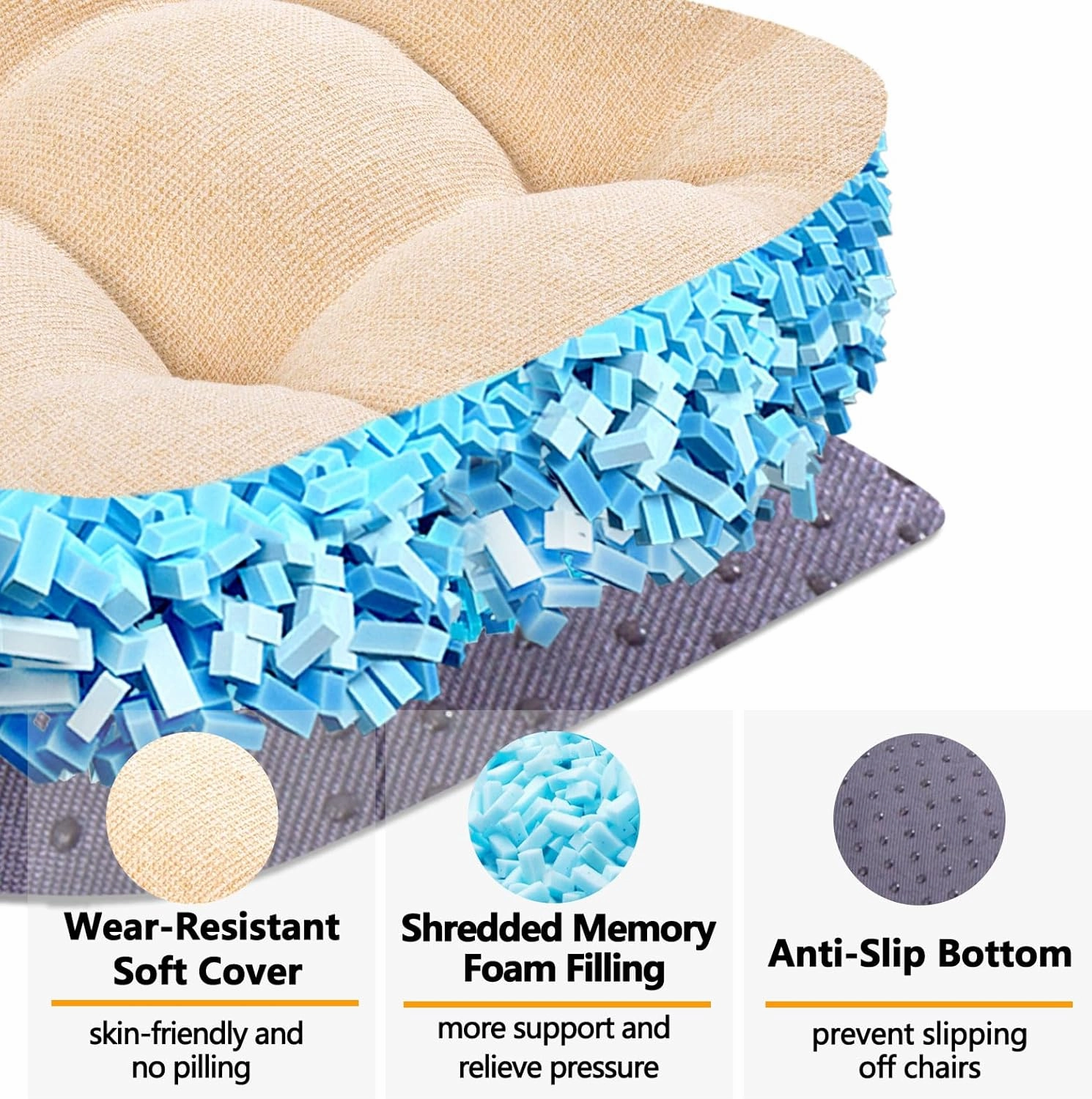 MAGIC ELEPHANT Chair Cushions for Dining Chair, Shredded Memory Foam Kitchen Chair Cushions Set of 4, Non-Slip Thick Dinning Room Chair Pads Seat Cushions, 15.5" x 15.5" x 4" (Beige)