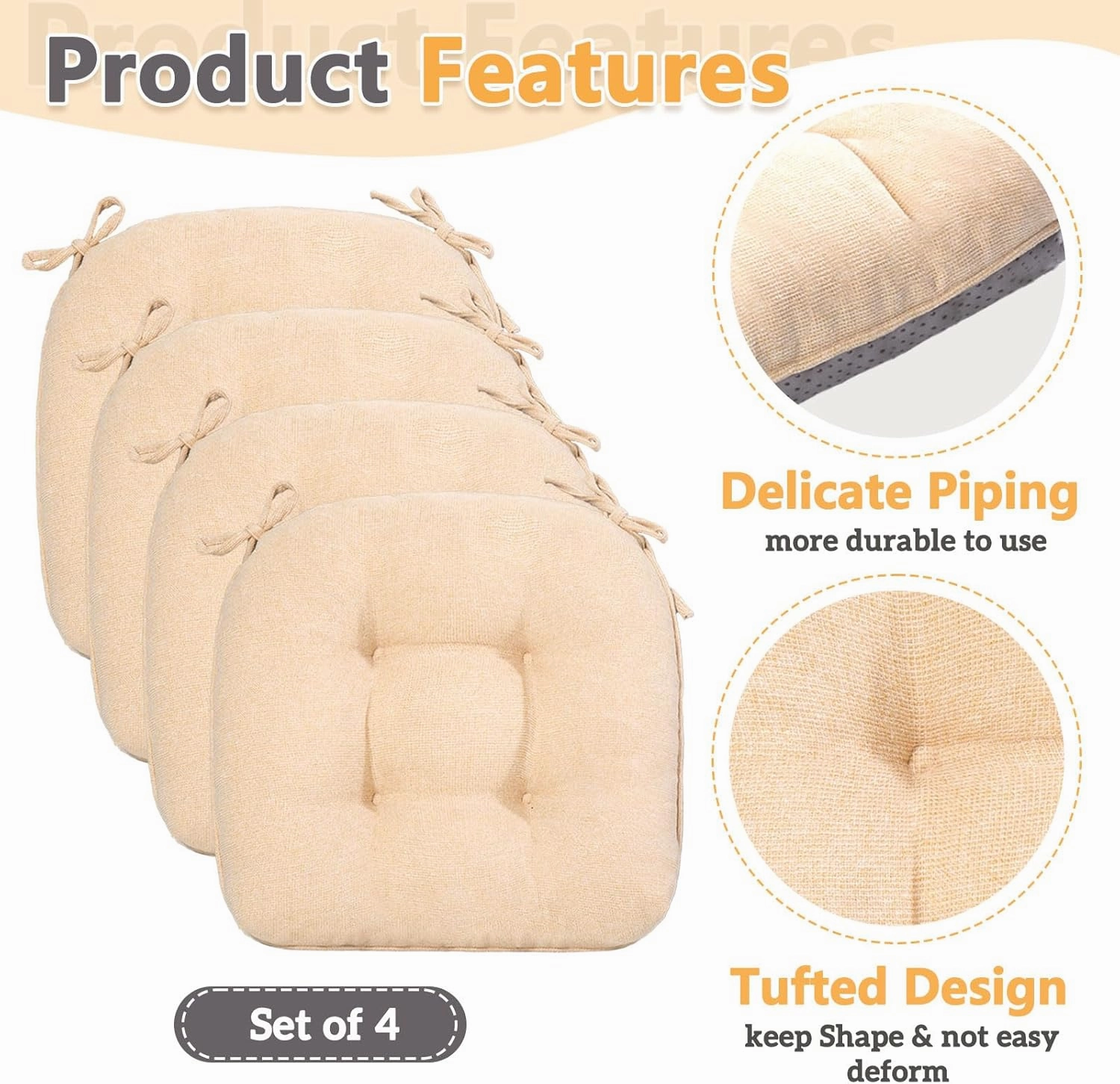 MAGIC ELEPHANT Chair Cushions for Dining Chair, Shredded Memory Foam Kitchen Chair Cushions Set of 4, Non-Slip Thick Dinning Room Chair Pads Seat Cushions, 15.5" x 15.5" x 4" (Beige)
